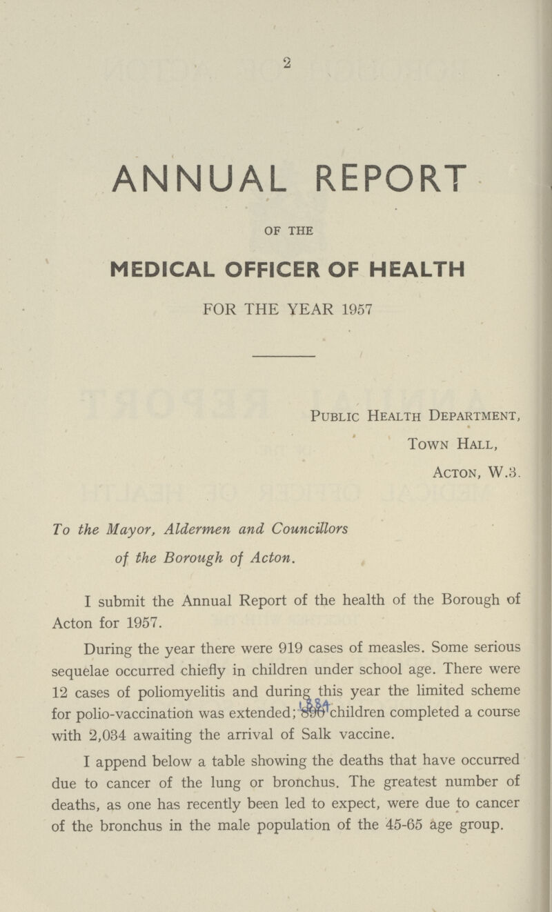 2 ANNUAL REPORT of the MEDICAL OFFICER OF HEALTH FOR THE YEAR 1957 Public Health Department, Town Hall, Acton, W.3. To the Mayor, Aldermen and Councillors of the Borough of Acton. I submit the Annual Report of the health of the Borough of Acton for 1957. During the year there were 919 cases of measles. Some serious sequelae occurred chiefly in children under school age. There were 12 cases of poliomyelitis and during this year the limited scheme for polio-vaccination was extended; 1884 children completed a course with 2,034 awaiting the arrival of Salk vaccine. I append below a table showing the deaths that have occurred due to cancer of the lung or bronchus. The greatest number of deaths, as one has recently been led to expect, were due to cancer of the bronchus in the male population of the 45.65 age group.