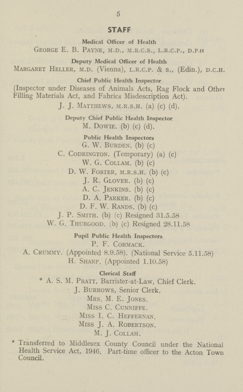 5 STAFF Medical Officer of Health George E. B. Payne, m.d., m.r.c.s., l.r.c.p., d.p.h Deputy Medical Officer of Health Margaret Heller, m.d. (Vienna), l.r.c.p. & s., (Edin.), d.c.h. Chief Public Health Inspector (Inspector under Diseases of Animals Acts, Rag Flock and Other Filling Materials Act, and Fabrics Misdescription Act). J. J. Matthews, m.r.s.h. (a) (c) (d). Deputy Chief Public Health Inspector M. DowIe. (b) (c) (d). Public Health Inspectors G. W. Burden. (b) (c) C. Codrington. (Temporary) (a) (c) W. G. Collam. (b) (c) D. W. Foster, m.r.s.h. (b) (c) J. R. Glover. (b) (c) A. C. Jenkins. (b) (c) D. A. Parker. (b) (c) D. F. W. Rands. (b) (c) J. P. Smith, (b) (c) Resigned 31.5.58 W. G. Thurgood. (b) (c) Resigned 28.11.58 Pupil Public Health Inspectors P. F. Cormack. A. Crummy. (Appointed 8.9.58). (National Service 5.11.58) H. Sharp. (Appointed 1.10.58) Clerical Staff * A. S. M. Pratt, Barrister-at-Law, Chief Clerk. J. Burrows, Senior Clerk. Mrs. M. E. Jones. Miss C. Cunniffe. Miss I. c. Heffernan. Miss J. A. Robertson. M. J. Collam. * Transferred to Middlesex County Council under the National Health Service Act, 1946. Part-time officer to the Acton Town Council.