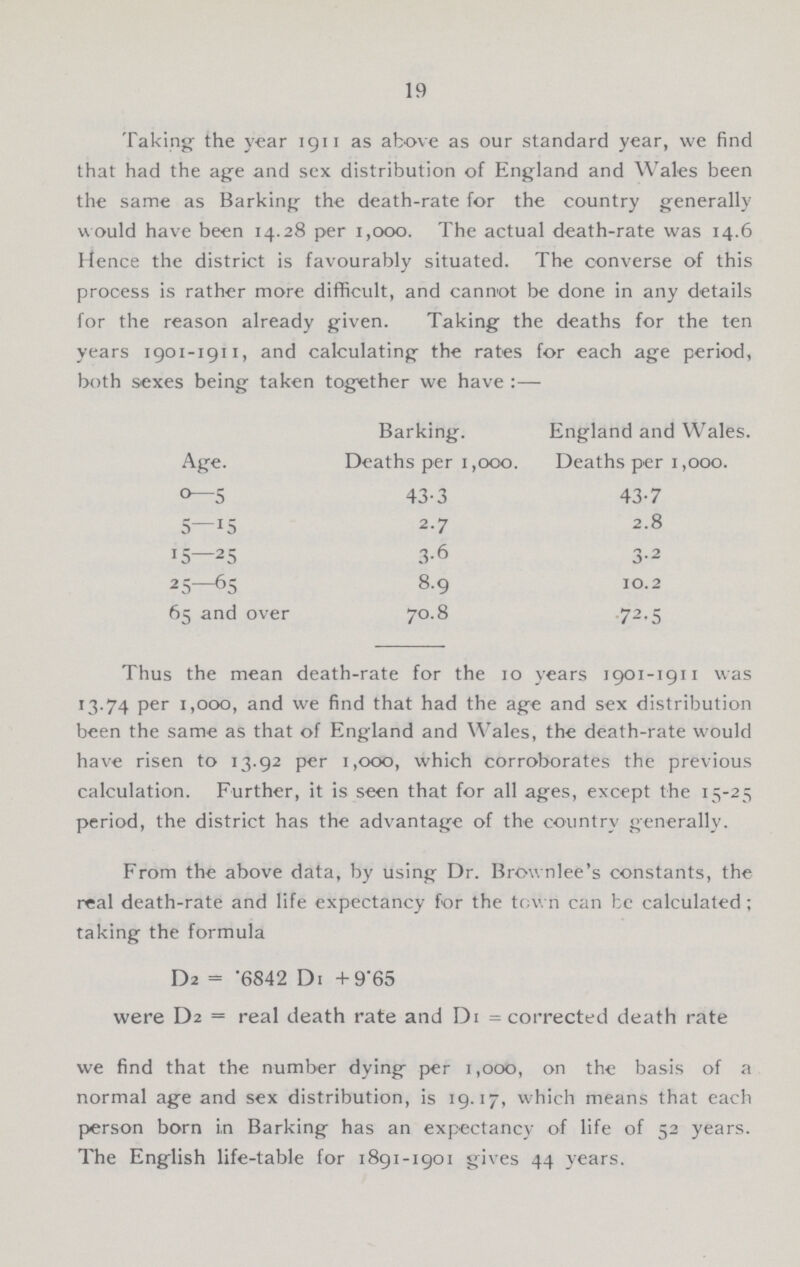 19 Taking the year 1911 as above as our standard year, we find that had the age and sex distribution of England and Wales been the same as Barking the death-rate for the country generally would have been 14.28 per 1,000. The actual death-rate was 14.6 Hence the district is favourably situated. The converse of this process is rather more difficult, and cannot be done in any details for the reason already given. for the reason already given. Taking the deaths for the ten years 1901-1911, and calculating the rates for each age period, both sexes being taken together we have :— Age. Barking. Deaths per 1,000. England and Wales. Deaths per 1,000. 0—5 43.3 43.7 5—5 2.7 2.8 15—25 3.6 3.2 25—65 8.9 10.2 65 and over 70.8 72.5 Thus the mean death-rate for the 10 years 1901-1911 was 13.74 per 1,000, and we find that had the age and sex distribution been the same as that of England and Wales, the death-rate would have risen to 13.92 per 1,000, which corroborates the previous calculation. Further, it is seen that for all ages, except the 15-25 period, the district has the advantage of the country generally. From the above data, by using Dr. Brownlee's constants, the real death-rate and life expectancy for the town can be calculated ; taking the formula D2 = .6842 D1 + 9.65 were D2 = real death rate and D1 = corrected death rate we find that the number dying per 1,000, on the basis of a normal age and sex distribution, is 19.17, which means that each person born i,n Barking has an expectancy of life of 52 years. The English life-table for 1891-1901 gives 44 years.