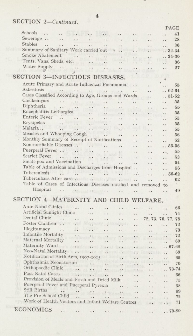 4 SECTION 2—Continued. PAGE Schools 41 Sewerage 28 Stables 36 Summary of Sanitary Work carried out 32-34 Smoke Abatement 34-36 Tents, Vans, Sheds, etc. 36 Water Supply 27 SECTION 3—INFECTIOUS DISEASES. Acute Primary and Acute Influenzal Pneumonia 55 Asbestosis .. .. .. .. .. 62-64 Cases Classified According to Age, Groups and Wards 51-52 Chicken-pox 55 Diphtheria 55 Encephalitis Lethargica 55 Enteric Fever 55 Erysipelas 55 Malaria. 55 Measles and Whooping Cough 56 • Monthly Summary of Receipt of Notifications 53 Non-notifiable Diseases 55-56 Puerperal Fever 55 Scarlet Fever 53 Small-pox and Vaccination 54 Table of Admissions and Discharges from Hospital 56 Tuberculosis 56-62 Tuberculosis After-care 62 Table of Cases of Infectious Diseases notified and removed to Hospital 49 SECTION 4—MATERNITY AND CHILD WELFARE. Ante-Natal Clinics 66 Artificial Sunlight Clinic 74 Dental Clinic 72, 73. 76, 77, 78 Foster Children 72 Illegitamacy 73 Infantile Mortality 72 Maternal Mortality 69 Maternity Ward 67-68 Neo-Natal Mortality 69 Notification of Birth Acts, 1907-1915 65 Ophthalmia Neonatorum 70 Orthopaedic Clinic 73-74 Post-Natal Cases 66 Provision of Meals and Fresh and Dried Milk 75 Puerperal Fever and Puerperal Pyrexia 68 Still Births 69 The Pre-School Child 72 Work of Health Visitors and Infant Welfare Centres 71 ECONOMICS 79-80