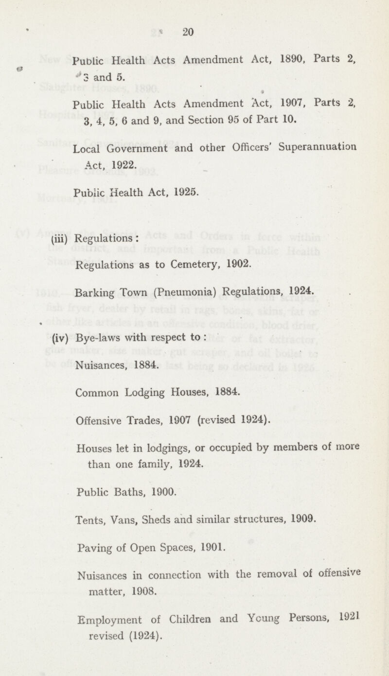 20 Public Health Acts Amendment Act, 1890, Parts 2, 3 and 5. Public Health Acts Amendment Act, 1907, Parts 2, 3, 4, 5, 6 and 9, and Section 95 of Part 10. Local Government and other Officers' Superannuation Act, 1922. Pubiic Health Act, 1925. (iii) Regulations: Regulations as to Cemetery, 1902. Barking Town (Pneumonia) Regulations, 1924. (iv) Bye-laws with respect to : Nuisances, 1884. Common Lodging Houses, 1884. Offensive Trades, 1907 (revised 1924). Houses let in lodgings, or occupied by members of more than one family, 1924. Public Baths, 1900. Tents, Vans, Sheds and similar structures, 1909. Paving of Open Spaces, 1901. Nuisances in connection with the removal of offensive matter, 1908. Employment of Children and Young Persons, 1921 revised (1924).