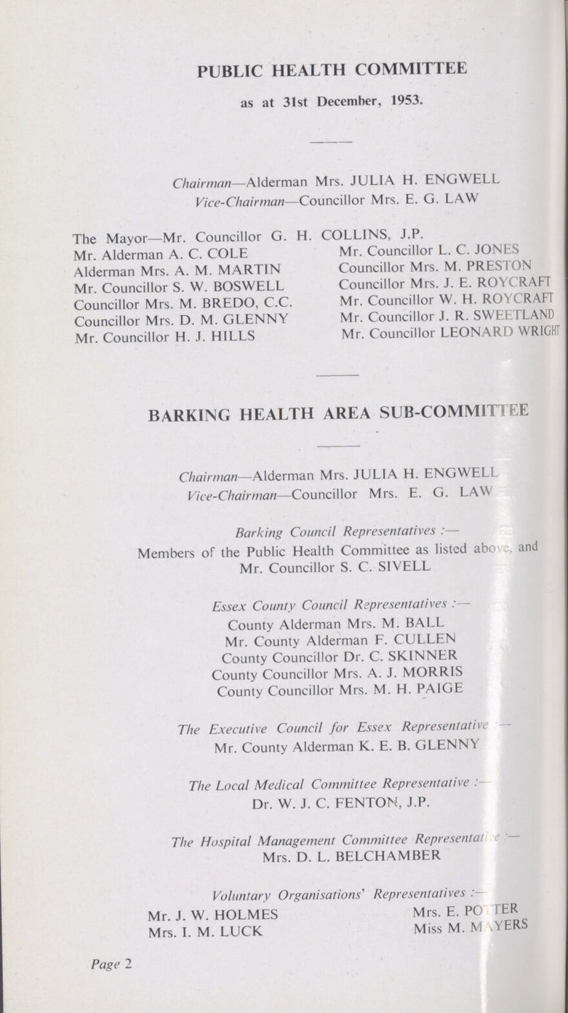 PUBLIC HEALTH COMMITTEE as at 31st December, 1953. Chairman—Alderman Mrs. JULIA H. ENGWELL Vice-Chairman—Councillor Mrs. E. G. LAW The Mayor—Mr. Councillor G. H. COLLINS, J.P. Mr. Alderman A. C. COLE Mr. Councillor L. C. JONES Alderman Mrs. A. M. MARTIN Councillor Mrs. M. PRESTON Mr. Councillor S. W. BOSWELL Councillor Mrs. J. E. ROYCRAFT Councillor Mrs. M. BREDO, C.C. Mr. Councillor W. H. ROYCRAFT Councillor Mrs. D. M. GLENNY Mr. Councillor J. R. SWEETLAND Mr. Councillor H. J. HILLS Mr. Councillor LEONARD WRIGHT BARKING HEALTH AREA SUB-COMMITTEE Chairman—Alderman Mrs. JULIA H. ENGWELL Vice-Chairman—Councillor Mrs. E. G. LAW Barking Council Representatives:— Members of the Public Health Committee as listed above and Mr. Councillor S. C. SIVELL Essex County Council Representatives:— County Alderman Mrs. M. BALL Mr. County Alderman F. CULLEN County Councillor Dr. C. SKINNER County Councillor Mrs. A. J. MORRIS County Councillor Mrs. M. H. PAIGE The Executive Council for Essex Representative:— Mr. County Alderman K. E. B. GLENNY The Local Medical Committee Representative: Dr. W. J. C. FENTON, J.P. The Hospital Management Committee Representation:— Mrs. D. L. BELCHAMBER Voluntary Organisations' Representatives: Mr. J. W. HOLMES Mrs. E. POTTER Mrs. I. M. LUCK Miss M. M VERS Page 2