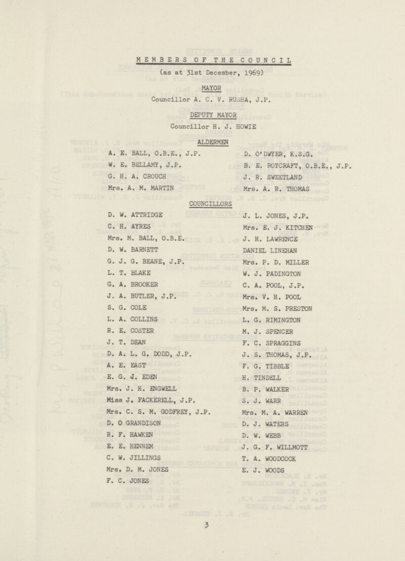 MEMBERS OF THE COUNCIL (as at 31st December, 1969) MAYOR Councillor A. C. V. RUSHA, J.P. DEPUTY MAYOR Councillor H. J. HOWIE ALDERMEN A. E. BALL, O.B.E., J.P. D. O' DWYER, K.S.G. W. E. BELLAMY, J.P. B. E. ROYCRAFT, O.B.E., J.P. G. H. A. CROUCH J. R. SWEETLAND Mrs. A. M. MARTIN Mrs. A. R. TOOMAS COUNCILLORS D. W. ATTRIDGE J. L. JONES, J.P. C. H. AYRES Mrs. E. J. KITCHEN Mrs. M. BALL, O.B.E. J. H. LAWRENCE D. W. BARNETT DANIEL LINEAN G. J. G. BEANE, J.P. Mrs. P. D. MILLER L. T. BLAKE W. J. PADINGTON G. A. BROOKER C. A. POOL, J.P. J. A. BUTLER, J.P. Mrs. V. H. POOL S. G. COLE Mrs. M. S. PRESTON L. A. COLLINS L. G. RIMINGTON R. E. COSTER M. J. SPENCER J. T. DEAN F. C. SPRAGGINS D. A. L. G. DODD, J.P. J. S. THOMAS, J.P. A. E. EAST F. G. TIBBLE E. G. J. EDO) H. TINDELL Mrs. J. H. EUGWELL B. P. WALKER Miss J. FACKERELL, J.P. S. J. WARR Mrs. C. S. M. GODFREY, J.P. Mrs. M. A. WARREN D. O GRANDISON D. J. WATERS R. F. HAWKEN D. W. WEBB E. E. HENNEM J. G. F. WILLMOTT C. W. JILLINGS T. A. WOODCOCK Mrs. D. M. JONES E. J. WOODS F. C. JONES 3