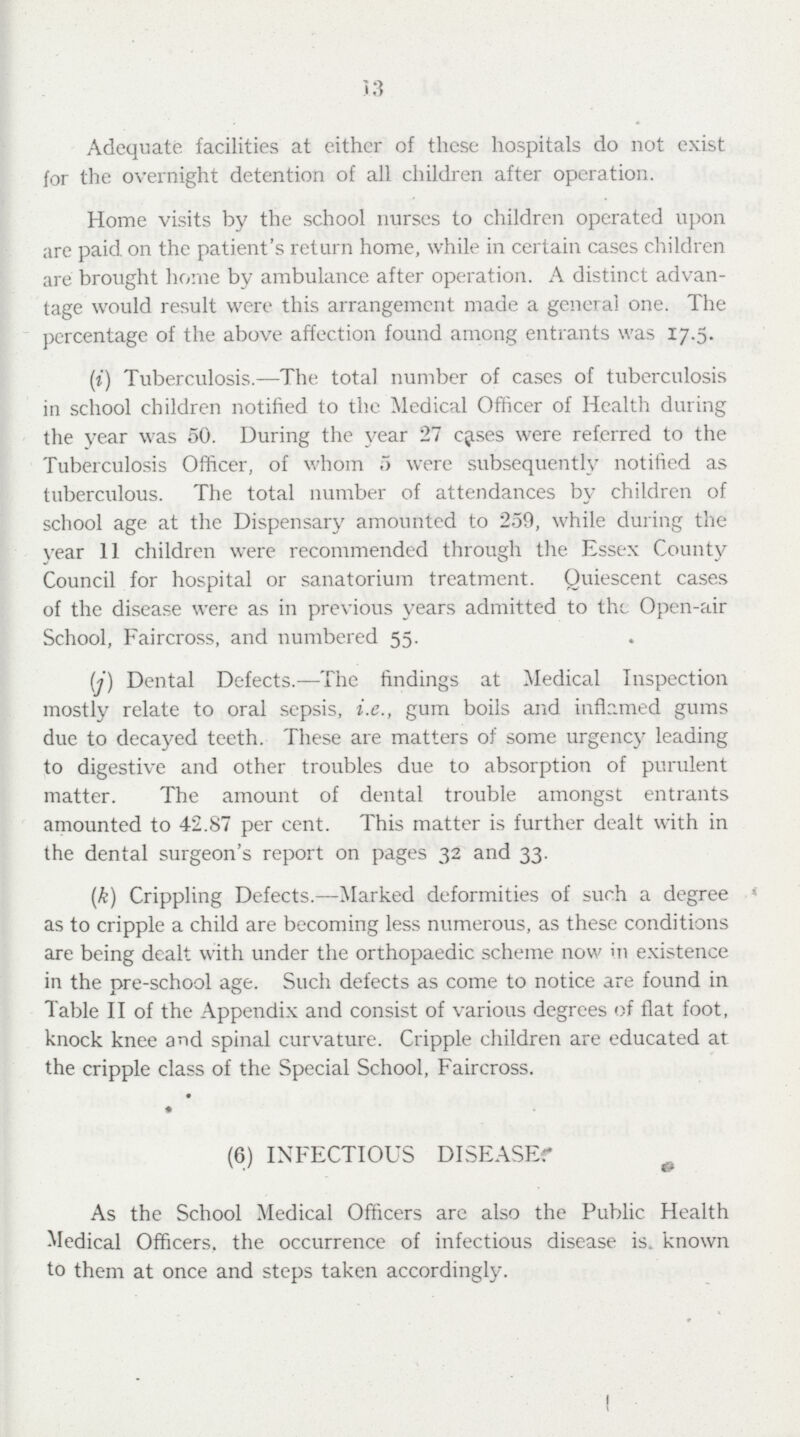 13 Adequate facilities at either of these hospitals do not exist for the overnight detention of all children after operation. Home visits by the school nurses to children operated upon are paid on the patient's return home, while in certain cases children are brought home by ambulance after operation. A distinct advan tage would result were this arrangement made a general one. The percentage of the above affection found among entrants was 17.5. (i) Tuberculosis.—The total number of cases of tuberculosis in school children notified to the Medical Officer of Health during the year was 50. During the year 27 cjses were referred to the Tuberculosis Officer, of whom 5 were subsequently notified as tuberculous. The total number of attendances by children of school age at the Dispensary amounted to 259, while during the year 11 children were recommended through the Essex County Council for hospital or sanatorium treatment. Quiescent cases of the disease were as in previous years admitted to the Open-air School, Faircross, and numbered 55. (j) Dental Defects.—The findings at Medical Inspection mostly relate to oral sepsis, i.e., gum boils and inflamed gums due to decayed teeth. These are matters of some urgency leading to digestive and other troubles due to absorption of purulent matter. The amount of dental trouble amongst entrants amounted to 42.87 per cent. This matter is further dealt with in the dental surgeon's report on pages 32 and 33. (k) Crippling Defects.—Marked deformities of such a degree as to cripple a child are becoming less numerous, as these conditions are being dealt with under the orthopaedic scheme now in existence in the pre-school age. Such defects as come to notice are found in Table II of the Appendix and consist of various degrees of flat foot, knock knee and spinal curvature. Cripple children are educated at the cripple class of the Special School, Faircross. (6) INFECTIOUS DISEASE As the School Medical Officers are also the Public Health Medical Officers, the occurrence of infectious disease is. known to them at once and steps taken accordingly.