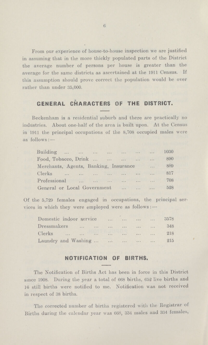 6 From our experience of house-to-house inspection we are justified in assuming that in the more thickly populated parts of the District the average number of persons per house is greater than the average for the same districts as ascertained at the 1911 Census. If this assumption should prove correct the population would be over rather than under 35,000. GENERAL CHARACTERS OF THE DISTRICT. Beckenham is a residential suburb and there are practically no industries. About one-half of the area is built upon. At the Census in 1911 the principal occupations of the 8,708 occupied males were as follows:— Building 1030 Food, Tobacco, Drink 890 Merchants, Agents, Banking, Insurance 889 Clerks 817 Professional 708 General or Local Government 528 Of the 5,729 females engaged in occupations, the principal ser vices in which they were employed were as follows:— Domestic indoor service 3578 Dressmakers 348 Clerks 218 Laundry and Washing 215 NOTIFICATION OF BIRTHS. The Notification of Births Act has been in force in this District since 1908. During the year a total of 668 births, 652 live births and 16 still births were notified to me. Notification was not received in respect of 38 births. The corrected number of births registered with the Registrar of Births during the calendar year was 668, 334 males and 334 females,