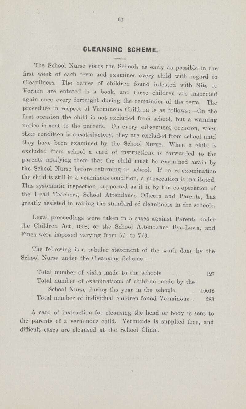 63 CLEANSING SCHEME. The School Nurse visits the Schools as early as possible in the first week of each term and examines every child with regard to Cleanliness. The names of children found infested with Nits or Vermin are entered in a book, and these children are inspected again once every fortnight during the remainder of the term. The procedure in respect of Verminous Children is as follows:—On the first occasion the child is not excluded from school, but a warning notice is sent to the parents. On every subsequent occasion, when their condition is unsatisfactory, they are excluded from school until they have been examined by the School Nurse. When a child is excluded from school a card pf instructions is forwarded to the parents notifying them that the child must be examined again by the School Nurse before returning to school. If on re-examination the child is still in a verminous condition, a prosecution is instituted. This systematic inspection, supported as it is by the co-operation of the Head Teachers, School Attendance Officers and Parents, has greatly assisted in raising the standard of cleanliness in the schools. Legal proceedings were taken in 5 cases against Parents under the Children Act, 1908. or the School Attendance Bye-Laws, and Fines were imposed varying from 5/- to 7/6. The following is a tabular statement of the work done by the School Nurse under the Cleansing Scheme:— Total number of visits made to the schools 127 Total number of examinations of children made by the School Nurse during the year in the schools 10012 Total number of individual children found Verminous 283 A card of instruction for cleansing the head or body is sent to the parents of a verminous child. Vermicide is supplied free, and difficult cases are cleansed at the School Clinic.