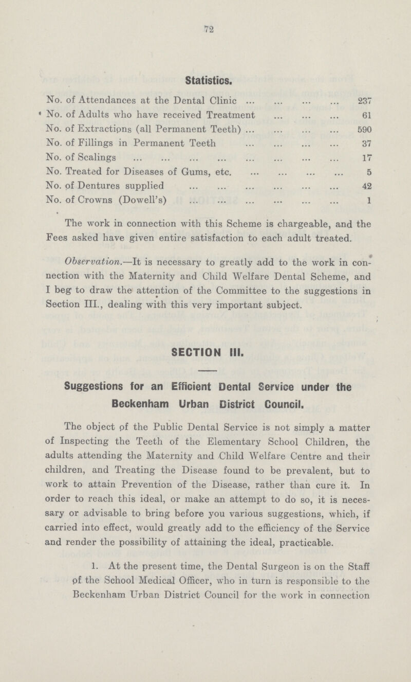 72 Statistics. No. of Attendances at the Dental Clinic 237 ' No. of Adults who have received Treatment 61 No. of Extractipns (all Permanent Teeth) 590 No. of Fillings in Permanent Teeth 37 No. of Scalings 17 No. Treated for Diseases of Gums, etc. 5 No. of Dentures supplied 42 No. of Crowns (Dowell's) 1 The work in connection with this Scheme is chargeable, and the Fees asked have given entire satisfaction to each adult treated. Observation.—It is necessary to greatly add to the work in con nection with the Maternity and Child Welfare Dental Scheme, and I beg to draw the attention of the Committee to the suggestions in Section III., dealing with this very important subject. SECTION III. Suggestions for an Efficient Dental Service under the Beckenham Urban District Council. The object pf the Public Dental Service is not simply a matter of Inspecting the Teeth of the Elementary School Children, the adults attending the Maternity and Child Welfare Centre and their children, and Treating the Disease found to be prevalent, but to work to attain Prevention of the Disease, rather than cure it. In order to reach this ideal, or make an attempt to do so, it is neces sary or advisable to bring before you various suggestions, which, if carried into effect, would greatly add to the efficiency of the Service and render the possibility of attaining the ideal, practicable. 1. At the present time, the Dental Surgeon is on the Staff pf the School Medical Officer, who in turn is responsible to the Beckenham Urban District Council for the work in connection