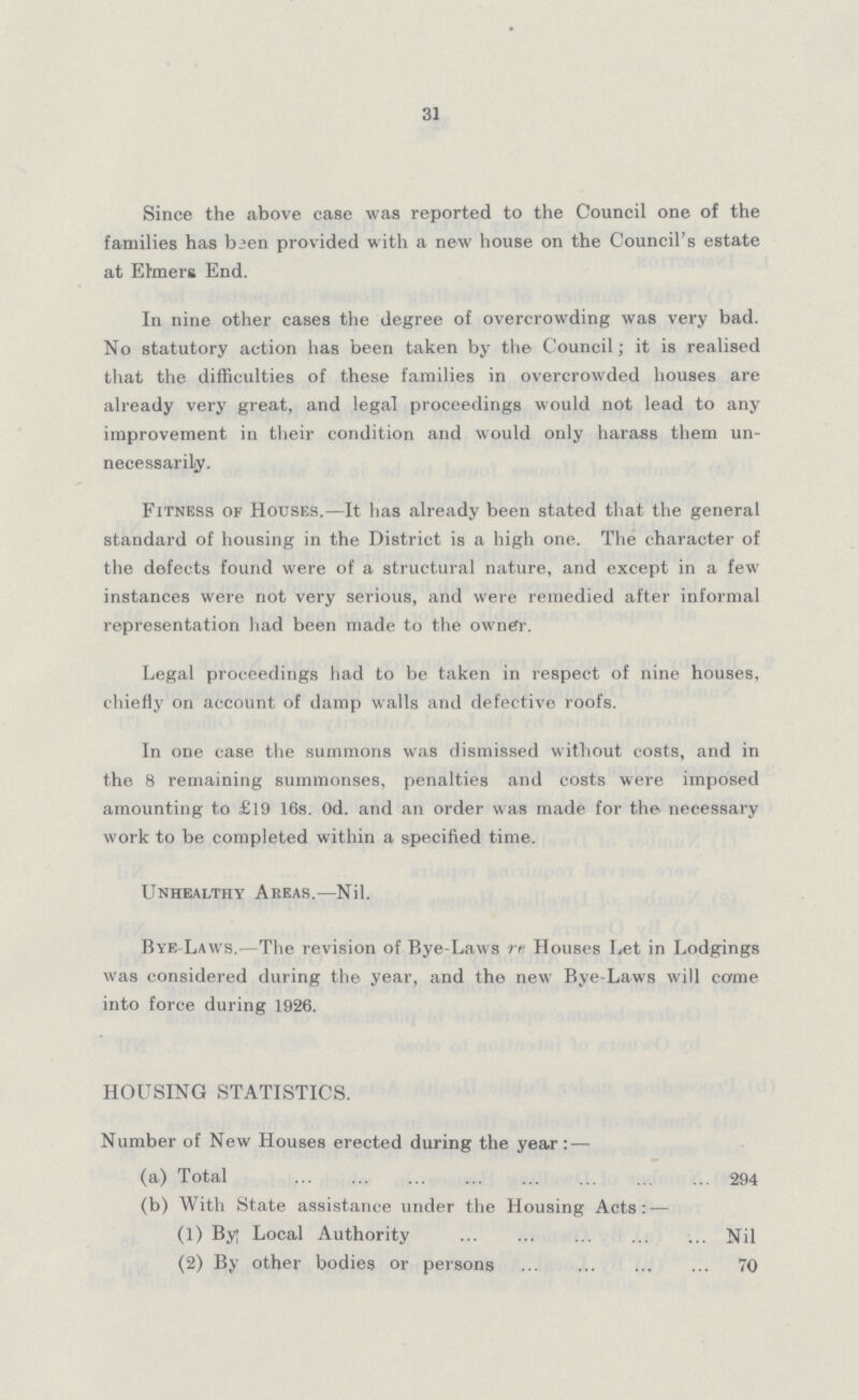 31 Since the above case was reported to the Council one of the families has been provided with a new house on the Council's estate at Elmers End. In nine other cases the degree of overcrowding was very bad. No statutory action has been taken by the Council; it is realised that the difficulties of these families in overcrowded houses are already very great, and legal proceedings would not lead to any improvement in their condition and would only harass them un necessarily. Fitness of Houses.—It has already been stated that the general standard of housing in the District is a high one. The character of the defects found were of a structural nature, and except in a few instances were not very serious, and were remedied after informal representation had been made to the owner. Legal proceedings had to be taken in respect of nine houses, chiefly on account of damp walls and defective roofs. In one case the summons was dismissed without costs, and in the 8 remaining summonses, penalties and costs were imposed amounting to £19 16s. Od. and an order was made for the necessary work to be completed within a specified time. Unhealthy Areas.—Nil. Rye-Laws.—The revision of Bye-Laws re Houses Let in Lodgings was considered during the year, and the new Bye-Laws will came into force during 1926. HOUSING STATISTICS. Number of New Houses erected during the year: — (a) Total 294 (b) With State assistance under the Housing Acts: — (1) By; Local Authority Nil (2) By other bodies or persons 70