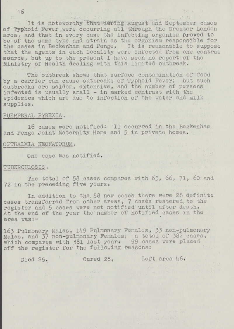 16 It is noteworthy 'that daring August and September cases of Typhoid Fever were occurring all through the Greater London area, and that in every case the infecting organism proved to be of the same type and strain as the organism responsible for the cases in Beckenham and Penge. It is reasonable to suppose that the agents in each locality were infected from one central source, but up to the present I have seen no report of the Ministry of Health dealing with this limited outbreak. The outbreak shows that surface contamination of food by a carrier can cause outbreaks of Typhoid Pever; but such outbreaks are seldom, extensive, and the number of persons infected is usually small - in marked contrast with the epidemics which are due to infection of the water and milk supplies. PUERPERAL PYREXIA. 16 cases were notified: 11 occurred in the Beckenham and Penge Joint Maternity Home and 5 in private homes. OPTHALMIA NEONATORUM. One case was notified. TUBERCULOSIS . The total of 58 cases compares with 65, 66, 71, 60and 72 in the preceding five years. In addition to the. 58 new cases there were 28 definite cases transferred from other areas, 7 cases restored, to the register and 5 cases were not notified until after death. At the end of the year the number of notified cases in the area was:- 163 Pulmonary Males, 149 Pulmonary Females, 33 non-pulmonary Males, and 37 non-pulmonary Females; a total of 382 cases, which compares with 381 last year. 99 cases were placed off the register for the following reasons: Died 25. Cured 28, Left area 46.