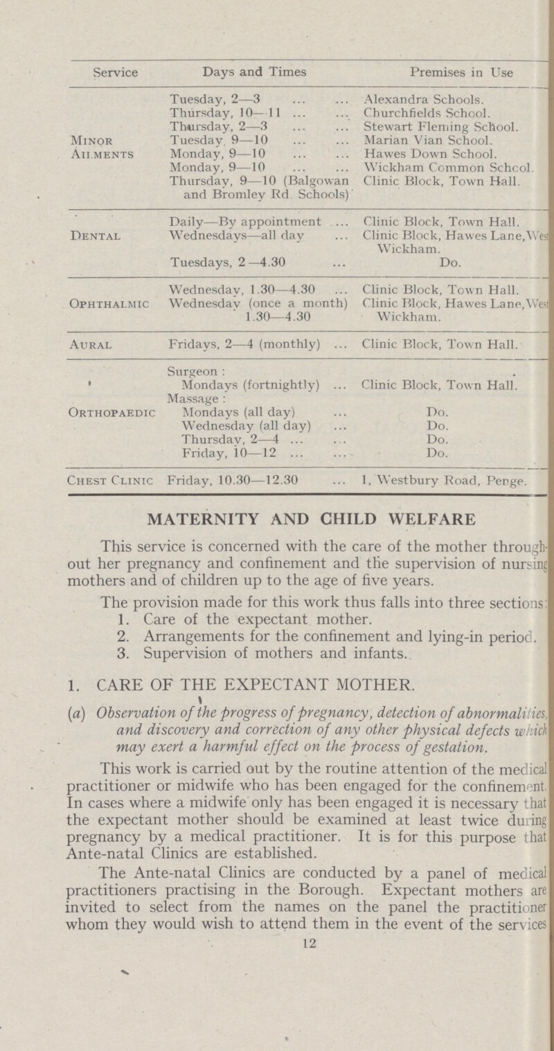 Service Days and Times Premises in Use Minor Allments Tuesday, 2—3 Alexandra Schools. Thursday, 10—11 Church fields School. Thursday, 2—3 Stewart Fleming School. Tuesday 9—10 Marian Vian School. Monday, 9—10 Hawes Down School. Monday, 9—10 Wickham Common School Thursday, 9—10 (Balgowan and Bromley Rd. Schools) Clinic Block, Town Hall Dental Daily—By appointment Clinic Block, Town Hall. Wednesdays—all day Clinic Block, Hawes Lane.West Wickham. Tuesdays, 2—4.30 Do. Ophthalmic Wednesday, 1 30—4.30 Clinic Block, Town Hall. Wednesday (once a month) 1.30—4.30 Clinic Block, Hawes Lane,West Wickham. Aural Fridays, 2—4 (monthly) Clinic Block, Town Hall. Orthopaedic Surgeon: Mondays (fortnightly) Clinic Block, Town Hall. Massage: Mondays (all day) Do. Wednesday (all day) Do. Thursday, 2—4 Do. Friday, 10—12 Do. Chest Clinic Friday, 10.30—12.30 1, West bury Road, Penge. MATERNITY AND CHILD WELFARE This service is concerned with the care of the mother through out her pregnancy and confinement and the supervision of nursing mothers and of children up to the age of five years. The provision made for this work thus falls into three sections: 1. Care of the expectant mother. 2. Arrangements for the confinement and lying-in period. 3. Supervision of mothers and infants. 1. CARE OF THE EXPECTANT MOTHER. (a) Observation of the progress of pregnancy, detection of abnormalities, and discovery and correction of any other physical defects which may exert a harmful effect on the process of gestation. This work is carried out by the routine attention of the medical practitioner or midwife who has been engaged for the confinement. In cases where a midwife only has been engaged it is necessary that the expectant mother should be examined at least twice during pregnancy by a medical practitioner. It is for this purpose that Ante-natal Clinics are established. The Ante-natal Clinics are conducted by a panel of medical practitioners practising in the Borough. Expectant mothers are invited to select from the names on the panel the practitioner whom they would wish to attend them in the event of the services 12