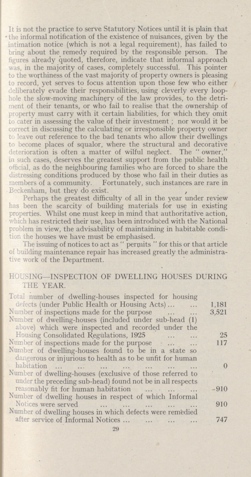 It is not the practice to serve Statutory Notices until it is plain that the informal notification of the existence of nuisances, given by the intimation notice (which is not a legal requirement), has failed to bring about the remedy required by the responsible person. The figures already quoted, therefore, indicate that informal approach was, in the majority of cases, completely successful. This pointer to the worthiness of the vast majority of property owners is pleasing to record, yet serves to focus attention upon those few who either deliberately evade their responsibilities, using cleverly every loop hole the slow-moving machinery of the law provides, to the detri ment of their tenants, or who fail to realise that the ownership of property must carry with it certain liabilities, for which they omit to cater in assessing the value of their investment; nor would it be correct in discussing the calculating or irresponsible property owner to leave out reference to the bad tenants who allow their dwellings to become places of squalor, where the structural and decorative deterioration is often a matter of wilful neglect. The owner, in such cases, deserves the greatest support from the public health official, as do the neighbouring families who are forced to share the distressing conditions produced by those who fail in their duties as members of a community. Fortunately, such instances are rare in Beckenham, but they do exist. Perhaps the greatest difficulty of all in the year under review has been the scarcity of building materials for use in existing properties. Whilst one must keep in mind that authoritative action, which has restricted their use, has been introduced with the National problem in view, the advisability of maintaining in habitable condi tion the houses we have must be emphasised. The issuing of notices to act as permits for this or that article of building maintenance repair has increased greatly the administra tive work of the Department. HOUSING—INSPECTION OF DWELLING HOUSES DURING THE YEAR. Total number of dwelling-houses inspected for housing defects (under Public Health or Housing Acts) 1,181 Number of inspections made for the purpose 3,521 Number of dwelling-houses (included under sub-head (1) above) which were inspected and recorded under the Housing Consolidated Regulations, 1925 25 Number of inspections made for the purpose 117 Number of dwelling-houses found to be in a state so dangerous or injurious to health as to be unfit for human habitation 0 Number of dwelling-houses (exclusive of those referred to under the preceding sub-head) found not be in all respects reasonably fit for human habitation 910 Number of dwelling houses in respect of which Informal Notices were served 910 Number of dwelling houses in which defects were remedied after service of Informal Notices 747 29