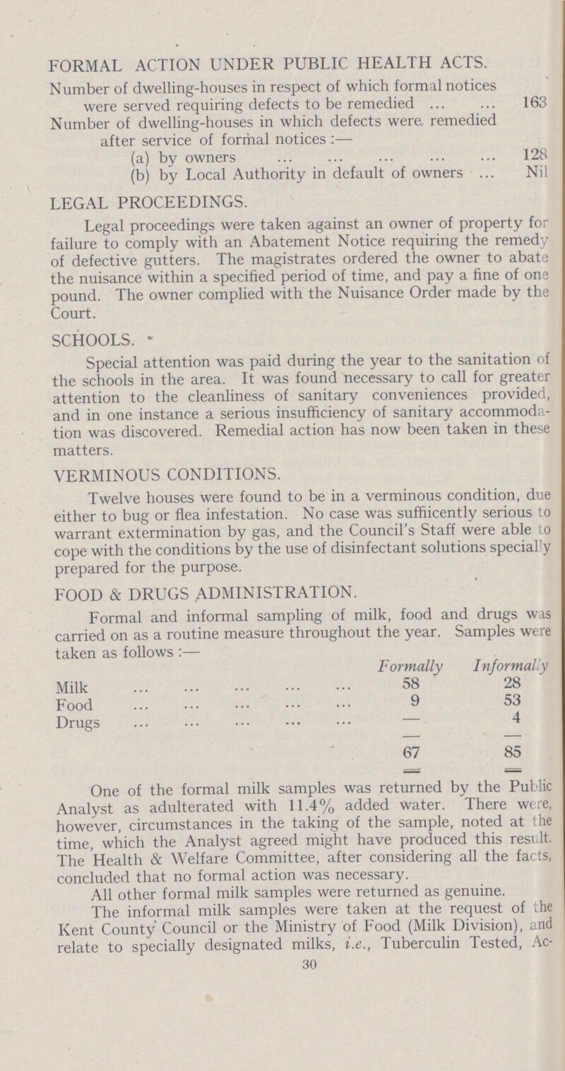 FORMAL ACTION UNDER PUBLIC HEALTH ACTS. Number of dwelling-houses in respect of which formal notices were served requiring defects to be remedied 163 Number of dwelling-houses in which defects were remedied after service of formal notices:— (a) by owners 128 (b) by Local Authority in default of owners Nil LEGAL PROCEEDINGS. Legal proceedings were taken against an owner of property for failure to comply with an Abatement Notice requiring the remedy of defective gutters. The magistrates ordered the owner to abate the nuisance within a specified period of time, and pay a fine of one pound. The owner complied with the Nuisance Order made by the Court. SCHOOLS. Special attention was paid during the year to the sanitation of the schools in the area. It was found necessary to call for greater attention to the cleanliness of sanitary conveniences provided, and in one instance a serious insufficiency of sanitary accommoda tion was discovered. Remedial action has now been taken in these matters. VERMINOUS CONDITIONS. Twelve houses were found to be in a verminous condition, due either to bug or flea infestation. No case was suffiicently serious to warrant extermination by gas, and the Council's Staff were able to cope with the conditions by the use of disinfectant solutions special'y prepared for the purpose. FOOD & DRUGS ADMINISTRATION. Formal and informal sampling of milk, food and drugs was carried on as a routine measure throughout the year. Samples were taken as follows:— Formally Informally Milk 58 28 Food 9 53 Drugs — 4 67 85 One of the formal milk samples was returned by the Public Analyst as adulterated with 11.4% added water. There were, however, circumstances in the taking of the sample, noted at the time, which the Analyst agreed might have produced this result. The Health & Welfare Committee, after considering all the facts, concluded that no formal action was necessary. All other formal milk samples were returned as genuine. The informal milk samples were taken at the request of the Kent County Council or the Ministry of Food (Milk Division), and relate to specially designated milks, i.e., Tuberculin Tested, Ac¬ 30