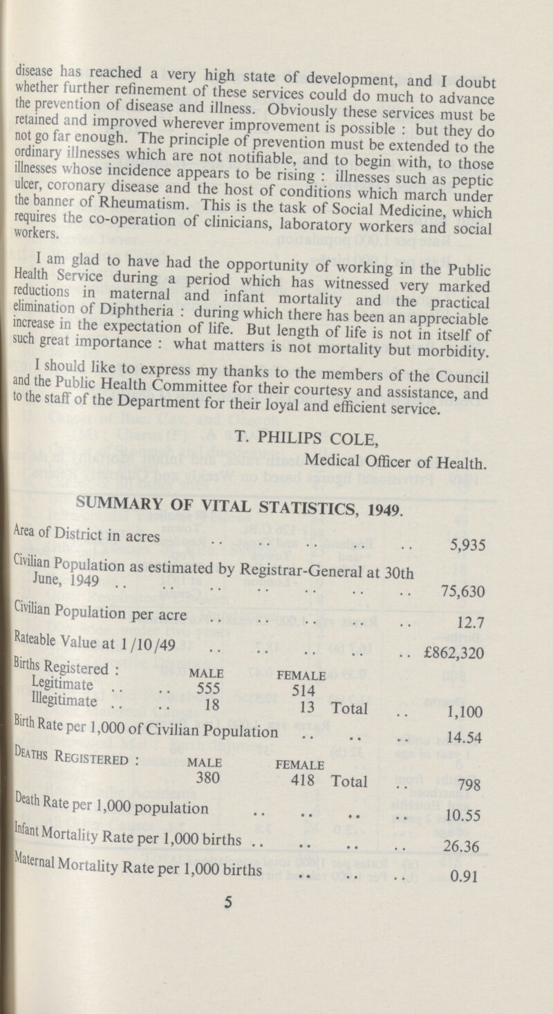 disease has reached a very high state of development, and I doubt whether further refinement of these services could do much to advance the prevention of disease and illness. Obviously these services must be retained and improved wherever improvement is possible: but they do not go far enough. The principle of prevention must be extended to the ordinary illnesses which are not notifiable, and to begin with, to those illnesses whose incidence appears to be rising: illnesses such as peptic ulcer, coronary disease and the host of conditions which march under the banner of Rheumatism. This is the task of Social Medicine, which requires the co-operation of clinicians, laboratory workers and social workers. I am glad to have had the opportunity of working in the Public Health Service during a period which has witnessed very marked reductions in maternal and infant mortality and the practical elimination of Diphtheria: during which there has been an appreciable increase in the expectation of life. But length of life is not in itself of such great importance : what matters is not mortality but morbidity. I should like to express my thanks to the members of the Council and the Public Health Committee for their courtesy and assistance, and to the staff of the Department for their loyal and efficient service. T. PHILIPS COLE, Medical Officer of Health. SUMMARY OF VITAL STATISTICS, 1949. Area of District in acres 5,935 Civilian Population as estimated by Registrar-General at 30th June, 1949 75,630 Civilian Population per acre 12.7 Rateable Value at 1/10/49 £862,320 Births Registered: male female Legitimate 555 514 Illegitimate 18 13 Total 1,100 Birth Rate per 1,000 of Civilian Population 14.54 Deaths Registered: male female 380 418 Total 798 Death Rate per 1,000 population 10.55 Infant Mortality Rate per 1,000 births 26.36 Maternal Mortality Rate per 1,000 births 0.91 5