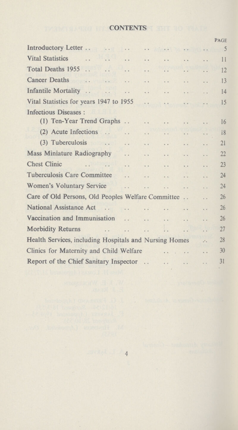 CONTENTS page Introductory Letter 5 Vital Statistics 11 Total Deaths 1955 12 Cancer Deaths 13 Infantile Mortality 14 Vital Statistics for years 1947 to 1955 15 Infectious Diseases: (1) Ten-Year Trend Graphs 16 (2) Acute Infections 18 (3) Tuberculosis 21 Mass Miniature Radiography 22 Chest Clinic 23 Tuberculosis Care Committee 24 Women's Voluntary Service 24 Care of Old Persons, Old Peoples Welfare Committee 26 National Assistance Act 26 Vaccination and Immunisation 26 Morbidity Returns 27 Health Services, including Hospitals and Nursing Homes 28 Clinics for Maternity and Child Welfare 30 Report of the Chief Sanitary Inspector 31 4