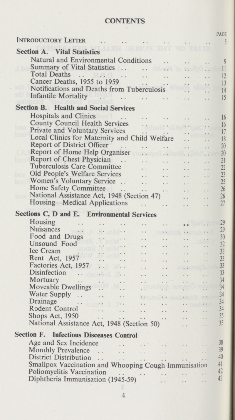 CONTENTS PAGE Introductory Letter 5 Section A. Vital Statistics Natural and Environmental Conditions 9 Summary of Vital Statistics 11 Total Deaths 12 Cancer Deaths, 1955 to 1959 13 Notifications and Deaths from Tuberculosis 14 Infantile Mortality 15 Section B. Health and Social Services Hospitals and Clinics 16 County Council Health Services 16 Private and Voluntary Services 17 Local Clinics for Maternity and Child Welfare 18 Report of District Officer 20 Report of Home Help Organiser 20 Report of Chest Physician 21 Tuberculosis Care Committee 22 Old People's Welfare Services 23 Women's Voluntary Service 25 Home Safety Committee 26 National Assistance Act, 1948 (Section 47) 26 Housing—Medical Applications 27 Sections C, D and E. Environmental Services Housing 29 Nuisances 29 Food and Drugs 30 Unsound Food 32 Ice Cream 33 Rent Act, 1957 33 Factories Act, 1957 33 Disinfection 33 Mortuary 34 Moveable Dwellings 34 Water Supply 34 Drainage 34 Rodent Control 34 Shops Act, 1950 35 National Assistance Act, 1948 (Section 50) Section F. Infectious Disceases Control Age and Sex Incidence 38 Monihly Prevalence 39 District Distribution 40 Smallpox Vaccination and Whooping Cough Immunisation 41 Poliomyelitis Vaccination 42 Diphtheria Immunisation (1945-59) 42 4