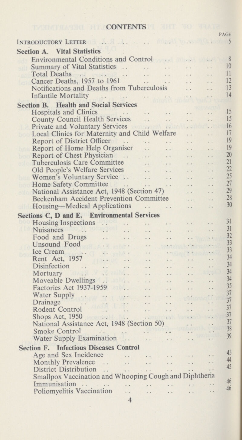 CONTENTS PAGE Introductory Letter 5 Section A. Vital Statistics Environmental Conditions and Control 8 Summary of Vital Statistics 10 Total Deaths 11 Cancer Deaths, 1957 to 1961 12 Notifications and Deaths from Tuberculosis 13 Infantile Mortality 14 Section B. Health and Social Services Hospitals and Clinics 15 County Council Health Services 15 Private and Voluntary Services 16 Local Clinics for Maternity and Child Welfare 17 Report of District Officer 19 Report of Home Help Organiser 19 Report of Chest Physician 20 Tuberculosis Care Committee 21 Old People's Welfare Services 22 Women's Voluntary Service 25 Home Safety Committee 27 National Assistance Act, 1948 (Section 47) 29 Beckenham Accident Prevention Committee 28 Housing—Medical Applications 30 Sections C, D and E. Environmental Services Housing Inspections Nuisances 31 Food and Drugs 32 Unsound Food 33 Ice Cream 33 Rent Act, 1957 34 Disinfection 34 Mortuary 34 Moveable Dwellings 34 Factories Act 1937-1959 35 Water Supply Drainage 37 Rodent Control 37 Shops Act, 1950 37 National Assistance Act, 1948 (Section 50) Smoke Control 38 Water Supply Examination 39 Section F. Infectious Diseases Control Age and Sex Incidence 43 Monthly Prevalence 44 District Distribution 45 Smallpox Vaccination and Whooping Cough and Diphtheria Immunisation 46 Poliomyelitis Vaccination 46 4