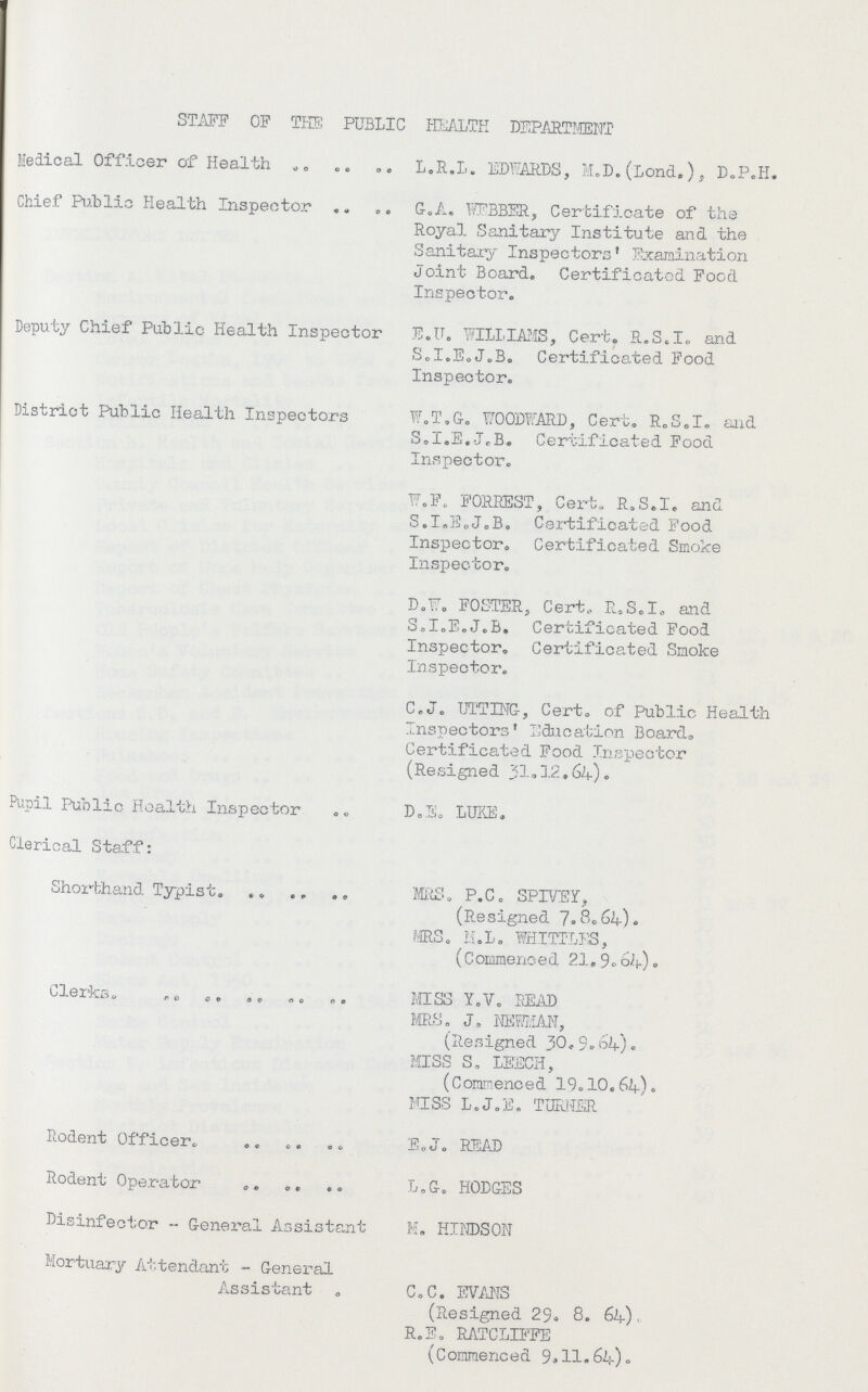 STAFF OF THE PUBLIC HEALTH DEPARTMENT Medical Officer of Health L.R.L. EDWARDS, M.D. (Lond. ) , D.P.H. Chief Public Health Inspector G.A. WEBBER, Certificate of the Royal Sanitary Institute and the Sanitary Inspectors' Examination Joint Board. Certificated Food Inspector. Deputy Chief Public Health Inspector E.U. WILLIAMS, Cert. R.S.I, and S.I.E.J.B. Certificated Food Inspector. District Public Health Inspectors W.T.G. WOODWARD, Cert. R.S.I, and S.I.E.J.B. Certificated Food Inspector. W.F. FORREST, Cert. R.S.I, and S.I.E.J.B. Certificated Food Inspector. Certificated Smoke Inspector. D.W. FOSTER, Cert., R.S.I, and S.I.E.J.B. Certificated Food Inspector. Certificated Smoke Inspector. C.J. UTTING, Cert, of Public Health Inspectors' Education Board, Certificated Food Inspector (Resigned 21.12.64). Pupil Public Health Inspector D.E. LUKE. Clerical Staff: Shorthand Typist. MRS. P.C. SPIVEY, (Resigned 7o8.64). MRS. M.L. WHITTLES, (Commenced 21.9 Clerks. MISS Y.V. READ MRS. J, NEMAN, (Resigned 30. 9.64). MISS S, LEECH, (Commenced 19.10.64). MISS L.J.E. TURNER Rodent Officer,, E.J. READ Rodent Operator L.&. hodges Disinfector - General Assistant m. hindson Mortuary Attendant - General Assistant C.C. EVANS (Resigned 29. 8. 64), R.E. RATCLIFFE (Commenced 9.11.64).