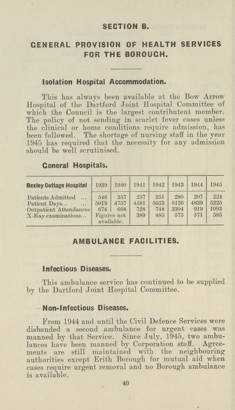SECTION B GENERAL PROVISION OF HEALTH SERVICES FOR THE BOROUGH. Isolation Hospital Accommodation. This has always been available at the Bow Arrow Hospital of the Dartford Joint Hospital Committee of which the Council is the largest contributent member. The policy of not sending in scarlet fever cases unless the clinical or home conditions require admission, has been followed. The shortage of nursing staff in the year 1945 has required that the necessity for any admission should be well scrutinised. General Hospitals. Bexley Cottage Hospital 1939 1940 1941 1942 1943 1944 1945 Patients Admitted 546 357 257 251 280 207 224 Patient Days 5019 4757 4581 5633 5126 4839 6225 Outpatient Attendances 674 668 728 748 3304 919 1093 X-Ray examinations Figures not available. 389 485 575 571 585 AMBULANCE FACILITIES. Infectious Diseases. This ambulance service has continued to be supplied by the Dartford Joint Hospital Committee. Non-Infectious Diseases. From 1944 and until the Civil Defence Services were disbanded a second ambulance for urgent cases was manned by that Service. Since July, 1945, two ambu lances have been manned by Corporation staff. Agree ments are still maintained with the neighbouring authorities except Erith Borough for mutual aid when cases require urgent removal and no Borough ambulance is available. 40