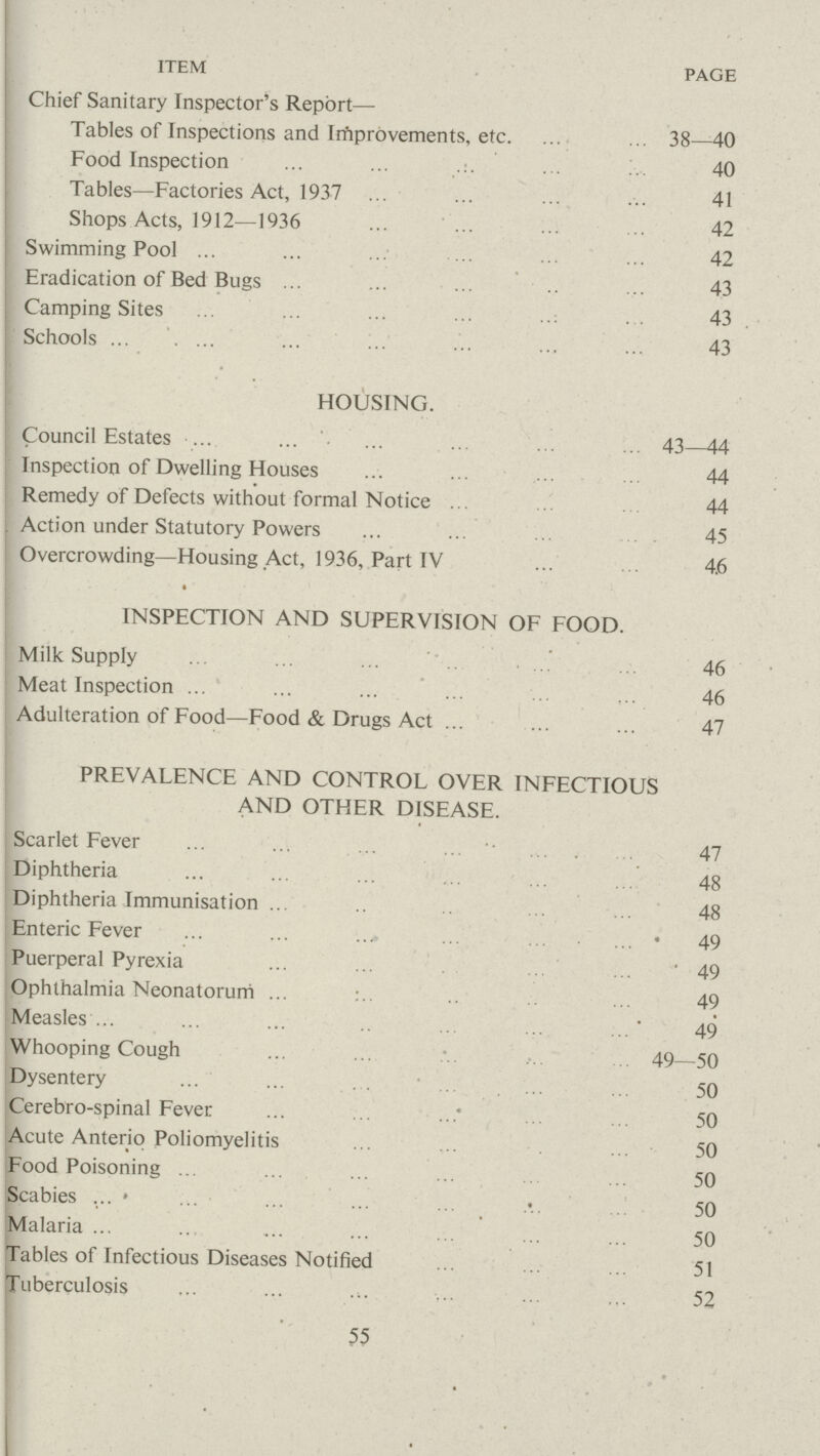 ITEM PAGE Chief Sanitary Inspector's Report— Tables of Inspections and Improvements, etc. 38—40 Food Inspection 40 Tables—Factories Act, 1937 41 Shops Acts, 1912—1936 42 Swimming Pool 42 Eradication of Bed Bugs 43 Camping Sites 43 Schools 43 HOUSING. Council Estates 43—44 Inspection of Dwelling Houses 44 Remedy of Defects without formal Notice 44 Action under Statutory Powers 45 Overcrowding—Housing Act, 1936, Part IV 4.6 INSPECTION AND SUPERVISION OF FOOD. Milk Supply 46 Meat Inspection 46 Adulteration of Food—Food & Drugs Act 47 PREVALENCE AND CONTROL OVER INFECTIOUS AND OTHER DISEASE. Scarlet Fever 47 Diphtheria 48 Diphtheria Immunisation 48 Enteric Fever 49 Puerperal Pyrexia 49 Ophthalmia Neonatorum 49 Measles 49 Whooping Cough 49—50 Dysentery 50 Cerebro-spinal Fever 50 Acute Anterio Poliomyelitis 50 Food Poisoning 50 Scabies .• 50 Malaria 50 Tables of Infectious Diseases Notified 51 Tuberculosis 52 55