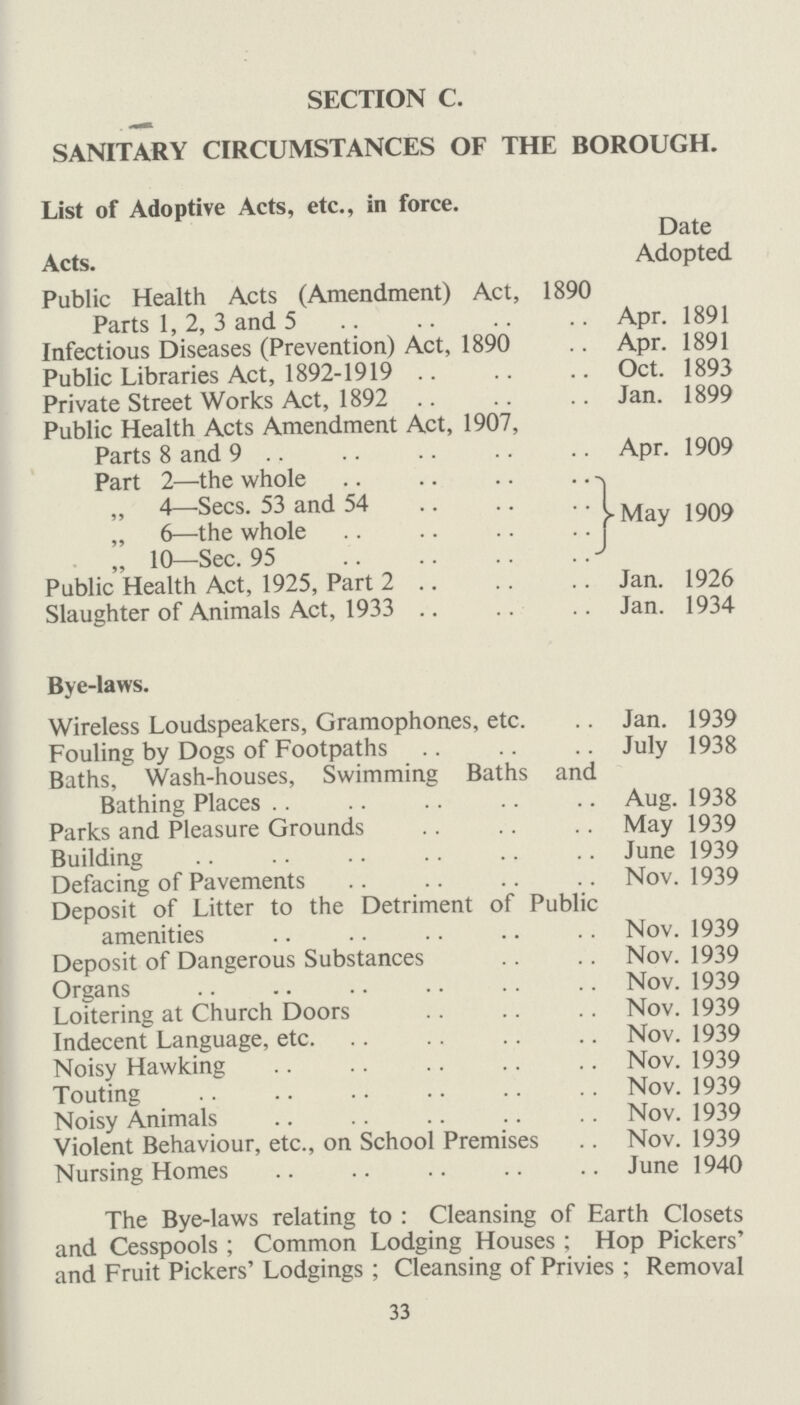 TABLE No. 6. Factories Act, 1937. 1. Inspections for Purposes of Provisions as to Health. (Including Inspections made by Sanitary Inspectors). Premises 1 Number of:— Inspec tions 2 Written Notices 3 Prose cutions 4. Factories with mechanical power 38 3 — Factories without mechanical power 9 — — Other Premises under the Act (including works of building and engineering construction but not including outworkers' premises) * Electrical Stations should be reckoned as factories. — — — Total 47 3 — 2. Defects Found. Particulars Number of Defects Number of Prose cutions. Found Reme died Referred to H.M. Inspector 1 2 3 4 5 Want of cleanliness (S.l) 6 6 — — Overcrowding (S.2) — — — — Unreasonable temperature (S.3) — — — — Inadequate ventilation (S.4) — — — — Ineffective drainage of floors (S.6) — — — — Other nuisances 2 1 — — Sanitary Conveniences (S.7)— Insufficient .. Unsuitable or defective 1 Not separate for sexes — — — — Other Offences — — — — (Not including offences relating to Home Work or offences under the Sections men tioned in the Schedule to the Ministry of Health (Factories and Workshops Transfer of Powers) Order, 1921, and re-enacted in the Third Schedule to the Factories Act, 1937). Total 9 7 — — 39