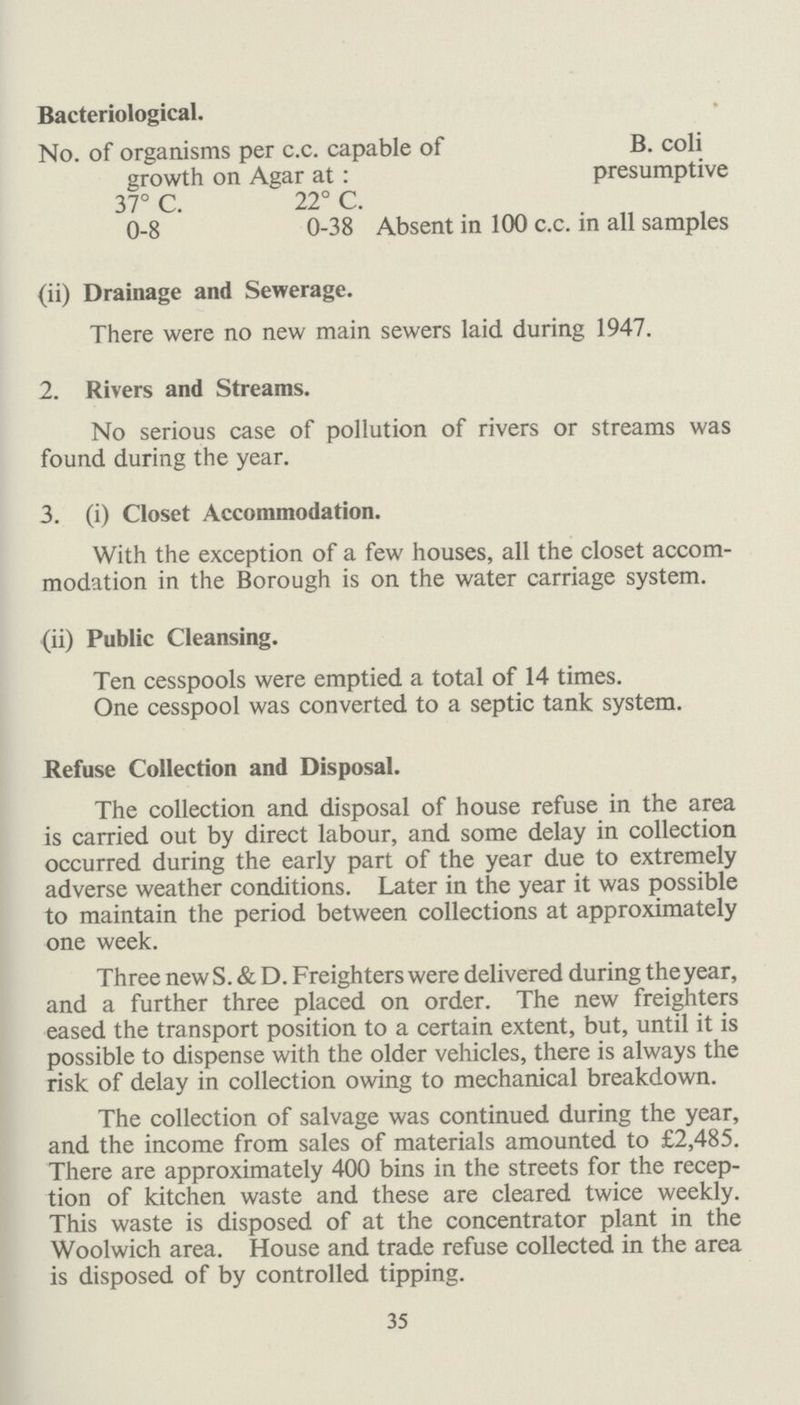 Eradication of Bed Bugs. No. of Corporation houses found to be infested with bugs No. of Corporation houses disinfested 7 No. of other houses found to be infested with bugs 9 No. of houses disinfested 9 No. of rooms in No. of rooms in Corporation houses— other houses— 1 room only 1 room only. 1 2 rooms only 1 2 rooms only 2 3 rooms only 2 3 rooms only 1 4 rooms — No. of houses disinfested with HCN by private firms 9 CAMPING SITES. A camping site used by Rover Scouts and Woodcraft Folk in Hall Place was not used over such a period as to come within the operation of Section 269 of the Public Health Act, 1936. SCHOOLS. There are 24 County Modern and County Primary Schools; six non-provided schools, and a Day Technical School for Girls in the Borough, and the sanitary conditions are satisfactory. SECTION D.—HOUSING. The following particulars relate to the houses built by the Council on the various Estates and still occupiable :— Houses Flats Welling— Welling Estate 428 — East Wickham— Glenmore Road 116 Rexlevheath— Highland Road Estate and Pickford Road Estate (including bungalows) 306 Cannon Road — 28 Alers Road 17 — Halcot Estate 68 — 41