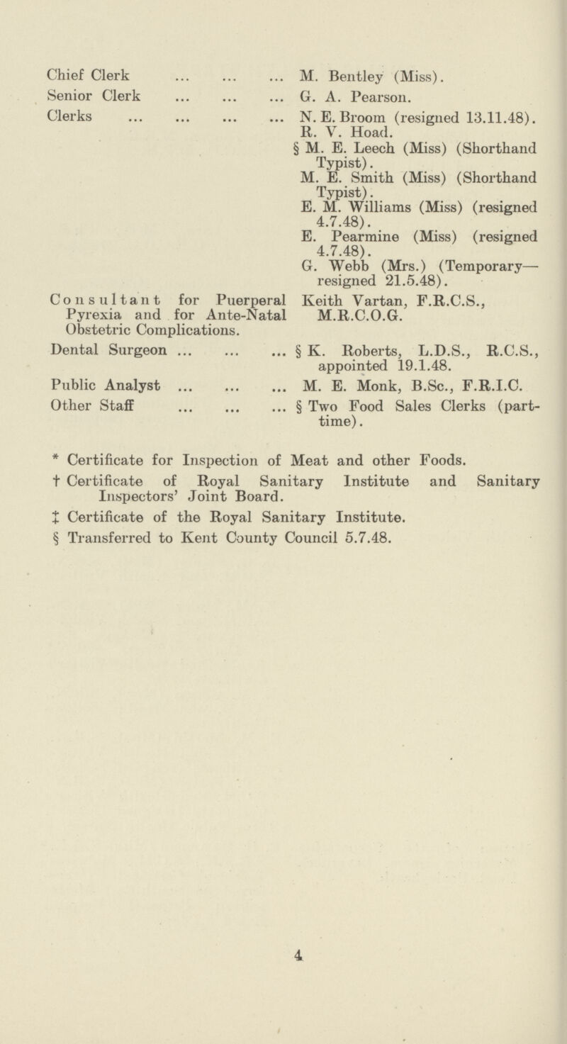 Chief Clerk M. Bentley (Miss). Senior Clerk G. A. Pearson. Clerks N. E. Broom (resigned 13.11.48). R. V. Hoad. § M. E. Leech (Miss) (Shorthand Typist). M. E. Smith (Miss) (Shorthand Typist). E. M. Williams (Miss) (resigned 4.7.48). E. Pearmine (Miss) (resigned 4.7.48). G. Webb (Mrs.) (Temporary— resigned 21.5.48). Consultant for Puerperal Keith Vartan, F.R.C.S., Pyrexia and for Ante-Natal M.R.C.O.G. Obstetric Complications. Dental Surgeon § K. Roberts, L.D.S., R.C.S., appointed 19.1.48. Public Analyst M. E. Monk, B.Sc., F.R.I.C. Other Staff § Two Food Sales Clerks (part- time) . *Certificate for Inspection of Meat and other Foods. †Certificate of Royal Sanitary Institute and Sanitary Inspectors' Joint Board. ‡Certificate of the Royal Sanitary Institute. § Transferred to Kent County Council 5.7.48. 4
