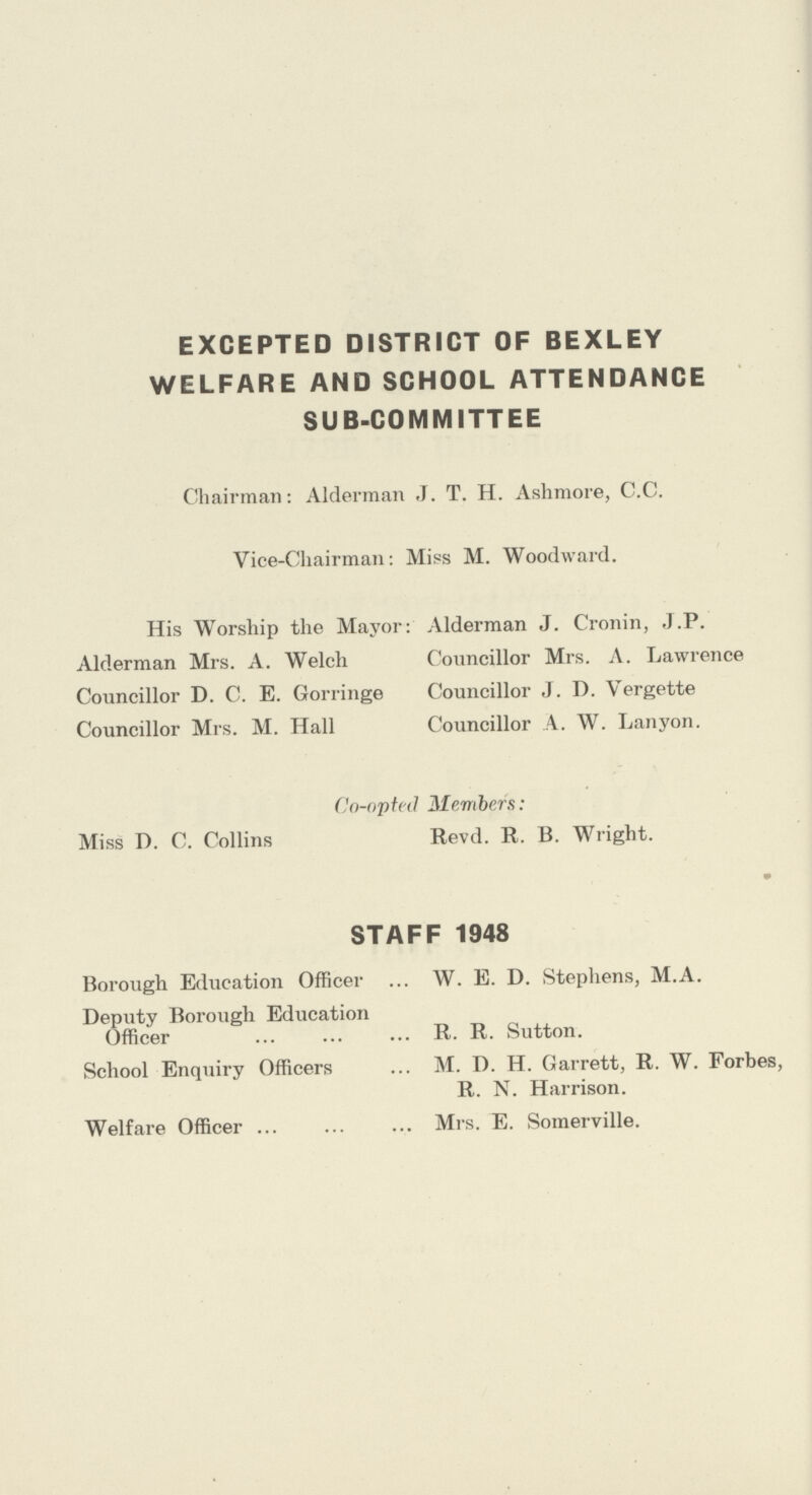 EXCEPTED DISTRICT OF BEXLEY WELFARE AND SCHOOL ATTENDANCE SUB-COMMITTEE Chairman: Alderman J. T. H. Ashmore, C.C. Vice-Chairman: Miss M. Woodward. His Worship the Mayor: Alderman Mrs. A. Welch Councillor D. C. E. Gorringe Councillor Mrs. M. Hall Alderman J. Cronin, J.P. Councillor Mrs. A. Lawrence Councillor J. D. Vergette Councillor A. W. Lanyon. Co-opted Mem hers: Miss D. C. Collins Revd. R. B. Wright. 0 STAFF 1948 Borough Education Officer W. E. D. Stephens, M.A. Deputy Borough Education Officer R. R. Sutton. School Enquiry Officers M. D. H. Garrett, R. W. Forbes, R. N. Harrison. Welfare Officer Mrs. E. Somerville.