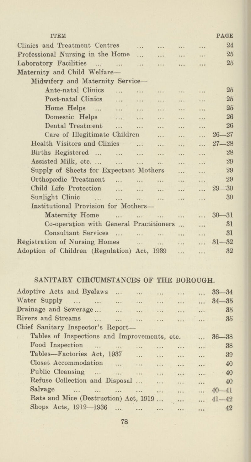 ITEM PAGE Clinics and Treatment Centres 24 Professional Nursing in the Home 25 Laboratory Facilities 25 Maternity and Child Welfare— Midwifery and Maternity Service— Ante-natal Clinics 25 Post-natal Clinics 25 Home Helps 25 Domestic Helps 26 Dental Treatment 26 Care of Illegitimate Children 26—27 Health Visitors and Clinics 27—28 Births Registered 28 Assisted Milk, etc. 29 Supply of Sheets for Expectant Mothers 29 Orthopaedic Treatment 29 Child Life Protection 29—30 Sunlight Clinic 30 Institutional Provision for Mothers— Maternity Home 30—31 Co-operation with General Practitioners 31 Consultant Services 31 Registration of Nursing Homes 31—32 Adoption of Children (Regulation) Act, 1939 32 SANITARY CIRCUMSTANCES OF THE BOROUGH. Adoptive Acts and Byelaws 33—34 Water Supply 34—35 Drainage and Sewerage 35 Rivers and Streams 35 Chief Sanitary Inspector's Report— Tables of Inspections and Improvements, etc. 36—38 Food Inspection 38 Tables—Factories Act, 1937 39 Closet Accommodation 40 Public Cleansing 40 Refuse Collection and Disposal 40 Salvage 40—41 Rats and Mice (Destruction) Act, 1919 41—42 Shops Acts, 1912—1936 42 78
