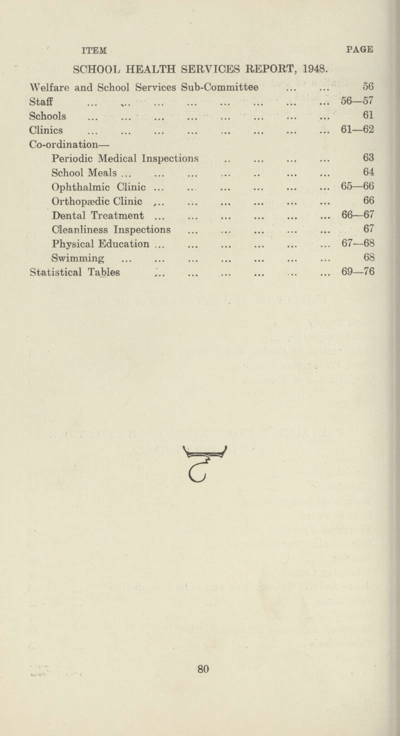 ITEM PAGE SCHOOL HEALTH SERVICES REPORT, 1948. Welfare and School Services Sub-Committee 56 Staff 56—57 Schools 61 Clinics 61—62 Co-ordination— Periodic Medical Inspections 63 School Meals 64 Ophthalmic Clinic 65—66 Orthopa?dic Clinic 66 Dental Treatment 66—67 Cleanliness Inspections 67 Physical Education 67—68 Swimming 68 Statistical Tables 69—76 80