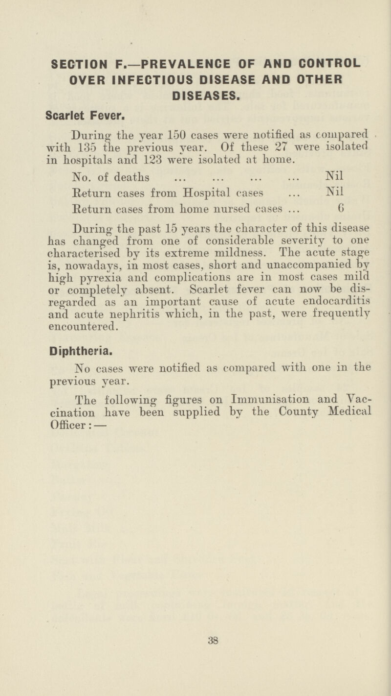 SECTION F.—PREVALENCE OF AND CONTROL OVER INFECTIOUS DISEASE AND OTHER DISEASES. Scarlet Fever. During the year 150 cases were notified as compared with 135 the previous year. Of these 27 were isolated in hospitals and 123 were isolated at home. No. of deaths Nil Return cases from Hospital cases Nil Return cases from home nursed cases 6 During the past 15 years the character of this disease has changed from one of considerable severity to one characterised by its extreme mildness. The acute stage is, nowadays, in most cases, short and unaccompanied by high pyrexia and complications are in most cases mild or completely absent. Scarlet fever can now be dis regarded as an important cause of acute endocarditis and acute nephritis which, in the past, were frequently encountered. Diphtheria. No cases were notified as compared with one in the previous year. The following figures on Immunisation and Vac cination have been supplied by the County Medical Officer: — 38