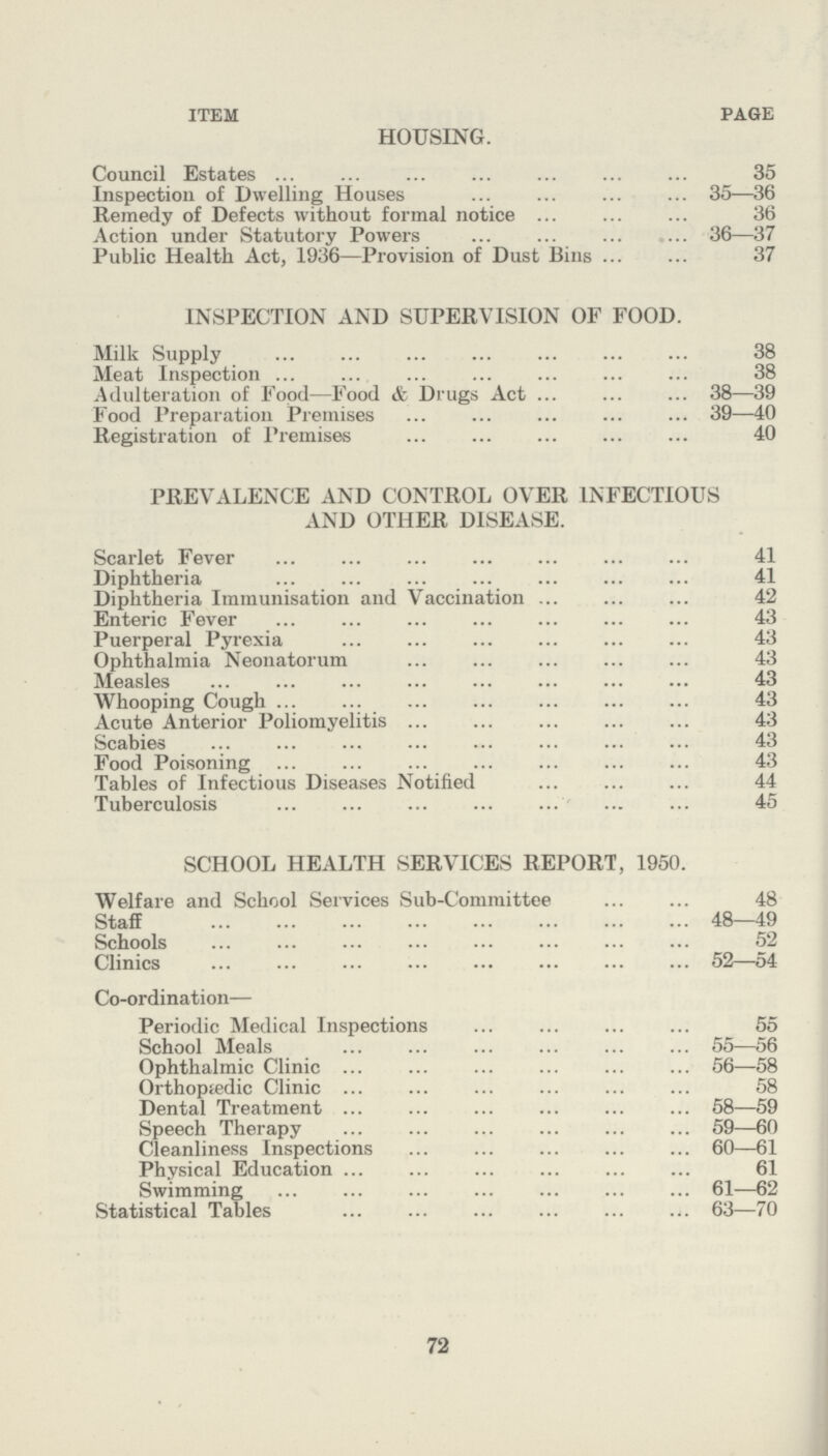 72 ITEM PAGE HOUSING. Council Estates 35 Inspection of Dwelling Houses 35—36 Remedy of Defects without formal notice 36 Action under Statutory Powers 36—37 Public Health Act, 1936—Provision of Dust Bins 37 INSPECTION AND SUPERVISION OF FOOD. Milk Supply 38 Meat Inspection 38 Adulteration of Food—Food & Drugs Act 38—39 Food Preparation Premises 39—40 Registration of Premises 40 PREVALENCE AND CONTROL OVER INFECTIOUS AND OTHER DISEASE. Scarlet Fever 41 Diphtheria 41 Diphtheria Immunisation and Vaccination 42 Enteric Fever 43 Puerperal Pyrexia 43 Ophthalmia Neonatorum 43 Measles 43 Whooping Cough 43 Acute Anterior Poliomyelitis 43 Scabies 43 Food Poisoning 43 Tables of Infectious Diseases Notified 44 Tuberculosis 45 SCHOOL HEALTH SERVICES REPORT, 1950. Welfare and School Services Sub-Committee 48 Staff 48—49 Schools 52 Clinics 52—54 Co-ordination— Periodic Medical Inspections 55 School Meals 55—56 Ophthalmic Clinic 56—58 Orthopædic Clinic 58 Dental Treatment 58—59 Speech Therapy 59—60 Cleanliness Inspections 60—61 Physical Education 61 Swimming 61—62 Statistical Tables 63—70