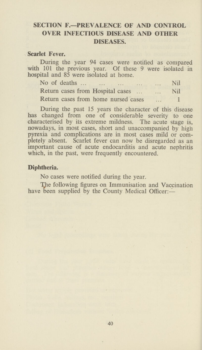 SECTION F.—PREVALENCE OF AND CONTROL OVER INFECTIOUS DISEASE AND OTHER DISEASES. Scarlet Fever. During the year 94 cases were notified as compared with 101 the previous year. Of these 9 were isolated in hospital and 85 were isolated at home. No of deaths Nil Return cases from Hospital cases Nil Return cases from home nursed cases 1 During the past 15 years the character of this disease has changed from one of considerable severity to one characterised by its extreme mildness. The acute stage is, nowadays, in most cases, short and unaccompanied by high pyrexia and complications are in most cases mild or com pletely absent. Scarlet fever can now be disregarded as an important cause of acute endocarditis and acute nephritis which, in the past, were frequently encountered. Diphtheria. No cases were notified during the year. T^ie following figures on Immunisation and Vaccination have been supplied by the County Medical Officer:— 40