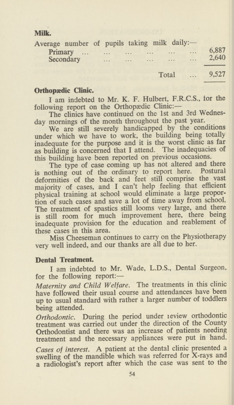 Milk. Average number of pupils taking milk daily:— Primary 6,887 Secondary 2,640 Total 9,527 Orthopaedic Clinic. I am indebted to Mr. K. F. Hulbert, F.R.C.S., for the following report on the Orthopaedic Clinic:— The clinics have continued on the 1st and 3rd Wednes day mornings of the month throughout the past year. We are still severely handicapped by the conditions under which we have to work, the building being totally inadequate for the purpose and it is the worst clinic as far as building is concerned that I attend. The inadequacies of this building have been reported on previous occasions. The type of case coming up has not altered and there is nothing out of the ordinary to report here. Postural deformities of the back and feet still comprise the vast majority of cases, and I can't help feeling that efficient physical training at school would eliminate a large propor tion of such cases and save a lot of time away from school. The treatment of spastics still looms very large, and there is still room for much improvement here, there being inadequate provision for the education and reablement of these cases in this area. Miss Cheeseman continues to carry on the Physiotherapy very well indeed, and our thanks are all due to her. Dental Treatment. I am indebted to Mr. Wade, L.D.S., Dental Surgeon, for the following report:— Maternity and Child Welfare. The treatments in this clinic have followed their usual course and attendances have been up to usual standard with rather a larger number of toddlers being attended. Orthodontic. During the period under review orthodontic treatment was carried out under the direction of the County Orthodontist and there was an increase of patients needing treatment and the necessary appliances were put in hand. Cases of interest. A patient at the dental clinic presented a swelling of the mandible which was referred for X-rays and a radiologist's report after which the case was sent to the 54