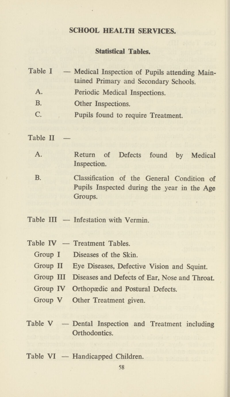 SCHOOL HEALTH SERVICES. Statistical Tables. Table I — Medical Inspection of Pupils attending Main tained Primary and Secondary Schools. A. Periodic Medical Inspections. B. Other Inspections. C. Pupils found to require Treatment. Table II — A. Return of Defects found by Medical Inspection. B. Classification of the General Condition of Pupils Inspected during the year in the Age Groups. Table III — Infestation with Vermin. Table IV — Treatment Tables. Group I Diseases of the Skin. Group II Eye Diseases, Defective Vision and Squint. Group III Diseases and Defects of Ear, Nose and Throat. Group IV Orthopaedic and Postural Defects. Group V Other Treatment given. Table V — Dental Inspection and Treatment including Orthodontics. Table VI — Handicapped Children. 58
