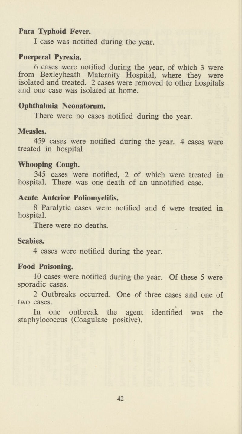 Para Typhoid Fever. 1 case was notified during the year. Puerperal Pyrexia. 6 cases were notified during the year, of which 3 were from Bexleyheath Maternity Hospital, where they were isolated and treated. 2 cases were removed to other hospitals and one case was isolated at home. Ophthalmia Neonatorum. There were no cases notified during the year. Measles. 459 cases were notified during the year. 4 cases were treated in hospital Whooping Cough. 345 cases were notified, 2 of which were treated in hospital. There was one death of an unnotified case. Acute Anterior Poliomyelitis. 8 Paralytic cases were notified and 6 were treated in hospital. There were no deaths. Scabies. 4 cases were notified during the year. Food Poisoning. 10 cases were notified during the year. Of these 5 were sporadic cases. 2 Outbreaks occurred. One of three cases and one of two cases. • In one outbreak the agent identified was the staphylococcus (Coagulase positive). 42