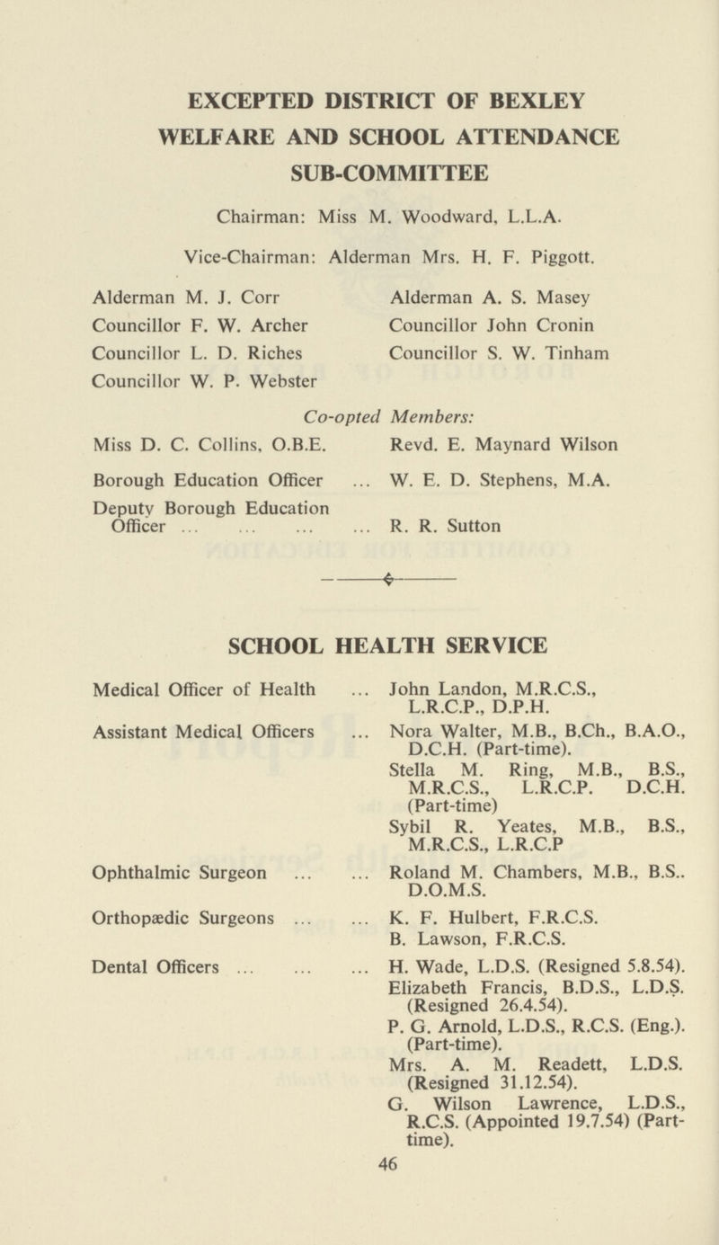 EXCEPTED DISTRICT OF BEXLEY WELFARE AND SCHOOL ATTENDANCE SUB-COMMITTEE Chairman: Miss M. Woodward, L.L.A. Vice-Chairman: Alderman Mrs. H. F. Piggott. Alderman M. J. Corr Councillor F. W. Archer Councillor L. D. Riches Councillor W. P. Webster Alderman A. S. Masey Councillor John Cronin Councillor S. W. Tinham Co-opted Members: Miss D. C. Collins, O.B.E. Revd. E. Maynard Wilson Borough Education Officer W. E. D. Stephens, M.A. Deputy Borough Education Officer R. R. Sutton SCHOOL HEALTH SERVICE Medical Officer of Health John Landon, M.R.C.S., L.R.C.P., D.P.H. Assistant Medical Officers Nora Walter, M.B., B.Ch., B.A.O., D.C.H. (Part-time). Stella M. Ring, M.B., B.S., M.R.C.S., L.R.C.P. D.C.H. (Part-time) Sybil R. Yeates, M.B., B.S., M.R.C.S., L.R.C.P Ophthalmic Surgeon Roland M. Chambers, M.B., B.S.. D.O.M.S. Orthopaedic Surgeons K. F. Hulbert, F.R.C.S. B. Lawson, F.R.C.S. Dental Officers H. Wade, L.D.S. (Resigned 5.8.54). Elizabeth Francis, B.D.S., L.D.S. (Resigned 26.4.54). P. G. Arnold, L.D.S., R.C.S. (Eng.). (Part-time). Mrs. A. M. Readett, L.D.S. (Resigned 31.12.54). G. Wilson Lawrence, L.D.S., R.C.S. (Appointed 19.7.54) (Part time). 46