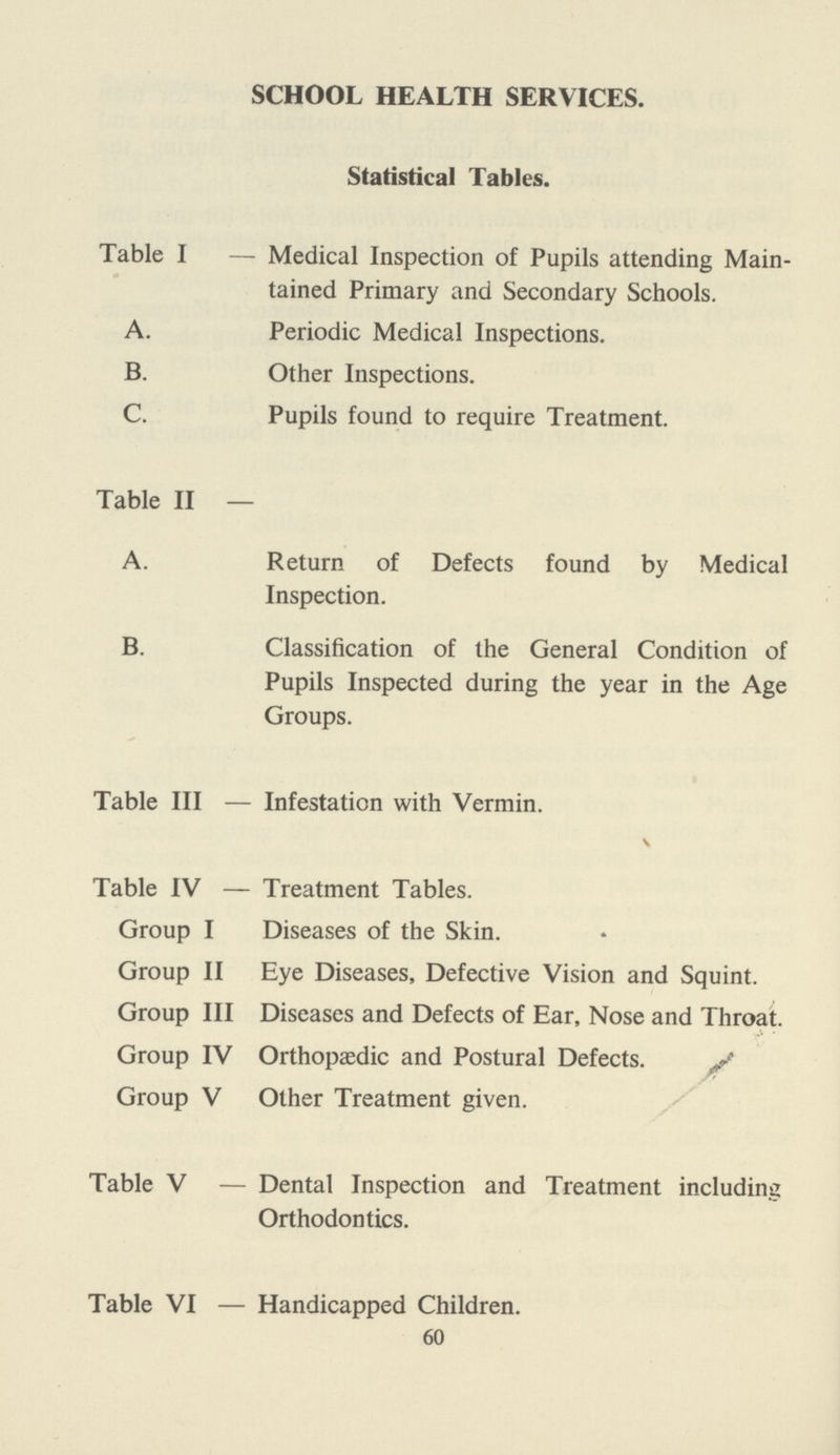 SCHOOL HEALTH SERVICES. Statistical Tables. Table I — Medical Inspection of Pupils attending Main tained Primary and Secondary Schools. A. Periodic Medical Inspections. B. Other Inspections. C. Pupils found to require Treatment. Table II — A. Return of Defects found by Medical Inspection. B. Classification of the General Condition of Pupils Inspected during the year in the Age Groups. Table III — Infestation with Vermin. \ Table IV — Treatment Tables. Group I Diseases of the Skin. Group II Eye Diseases, Defective Vision and Squint. Group III Diseases and Defects of Ear, Nose and Throat. Group IV Orthopaedic and Postural Defects. Group V Other Treatment given. Table V — Dental Inspection and Treatment including Orthodontics. Table VI — Handicapped Children. 60