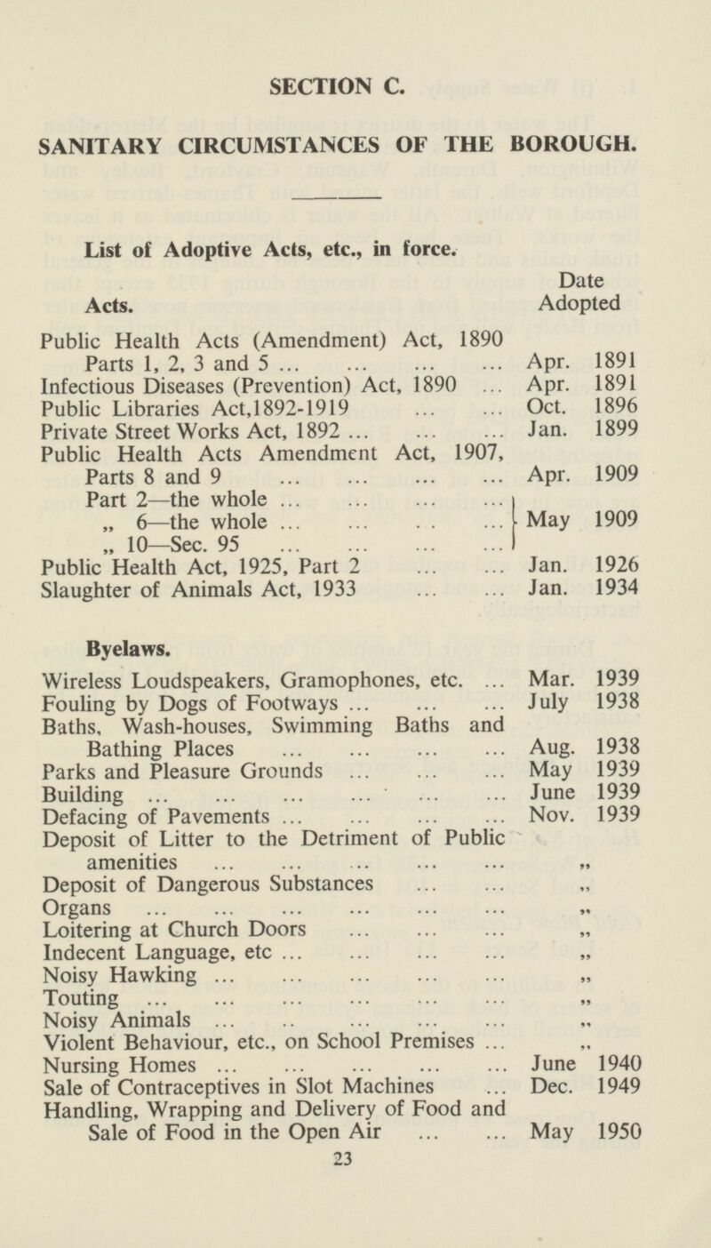 SECTION C. SANITARY CIRCUMSTANCES OF THE BOROUGH. List of Adoptive Acts, etc., in force. Acts. Date Adopted Public Health Acts (Amendment) Act, 1890 Parts 1, 2, 3 and 5 Apr. 1891 Infectious Diseases (Prevention) Act, 1890 Apr. 1891 Public Libraries Act,1892-1919 Oct. 1896 Private Street Works Act, 1892 Jan. 1899 Public Health Acts Amendment Act, 1907, Parts 8 and 9 Apr. 1909 Part 2—the whole „ 6—the whole May 1909 „ 10—Sec. 95 Public Health Act, 1925, Part 2 Jan. 1926 Slaughter of Animals Act, 1933 Jan. 1934 Byelaws. Wireless Loudspeakers, Gramophones, etc. Mar. 1939 Fouling by Dogs of Footways July 1938 Baths, Wash-houses, Swimming Baths and Bathing Places Aug. 1938 Parks and Pleasure Grounds May 1939 Building June 1939 Defacing of Pavements Nov. 1939 Deposit of Litter to the Detriment of Public amenities ,, Deposit of Dangerous Substances ,, Organs ,, Loitering at Church Doors ,, Indecent Language, etc. ,, Noisy Hawking ,, Touting ,, Noisy Animals ,, Violent Behaviour, etc., on School Premises ,, Nursing Homes June 1940 Sale of Contraceptives in Slot Machines Dec. 1949 Handling, Wrapping and Delivery of Food and Sale of Food in the Open Air May 1950 23