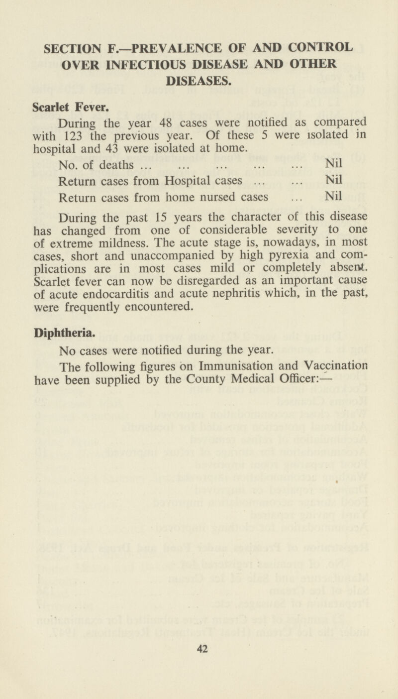 SECTION F.—PREVALENCE OF AND CONTROL OVER INFECTIOUS DISEASE AND OTHER DISEASES. Scarlet Fever. During the year 48 cases were notified as compared with 123 the previous year. Of these 5 were isolated in hospital and 43 were isolated at home. No. of deaths Nil Return cases from Hospital cases Nil Return cases from home nursed cases Nil During the past 15 years the character of this disease has changed from one of considerable severity to one of extreme mildness. The acute stage is, nowadays, in most cases, short and unaccompanied by high pyrexia and com plications are in most cases mild or completely absent. Scarlet fever can now be disregarded as an important cause of acute endocarditis and acute nephritis which, in the past, were frequently encountered. Diphtheria. No cases were notified during the year. The following figures on Immunisation and Vaccination have been supplied by the County Medical Officer:— 42