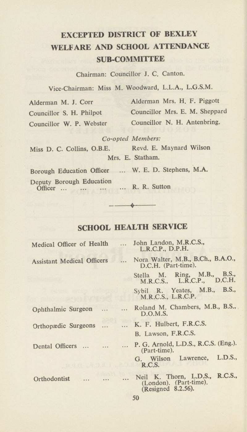 EXCEPTED DISTRICT OF BEXLEY WELFARE AND SCHOOL ATTENDANCE SUB-COMMITTEE Chairman: Councillor J. C. Canton. Vice-Chairman: Miss M. Woodward, L.L.A., L.G.S.M. Alderman M. J. Corr Alderman Mrs. H. F. Piggott Councillor S. H. Philpot Councillor Mrs. E. M. Sheppard Councillor W. P. Webster Councillor N. H. Antenbring. Co-opted Members: Miss D. C. Collins, O.B.E. Revd. E. Maynard Wilson Mrs. E. Statham. Borough Education Officer W. E. D. Stephens, M.A. Deputy Borough Education Officer R. R. Sutton SCHOOL HEALTH SERVICE Medical Officer of Health John Landon, M.R.C.S., L.R.C.P., D.P.H. Assistant Medical Officers Nora Walter, M.B., B.Ch., B.A.O., D.C.H. (Part-time). Stella M. Ring, M.B., B.S., M.R.C.S., L.R.C.P., D.C.H. Sybil R. Yeates, M.B., B.S., M.R.C.S., L.R.C.P. Ophthalmic Surgeon Roland M. Chambers, M.B., B.S., D.O.M.S. Orthopaedic Surgeons K. F. Hulbert, F.R.C.S. B. Lawson, F.R.C.S. Dental Officers P. G. Arnold, L.D.S., R.C.S. (Eng.). (Part-time). G. Wilson Lawrence, L.D.S., R.C.S. Orthodontist Neil K. Thorn, L.D.S., R.C.S., (London). (Part-time). (Resigned 8.2.56). 50