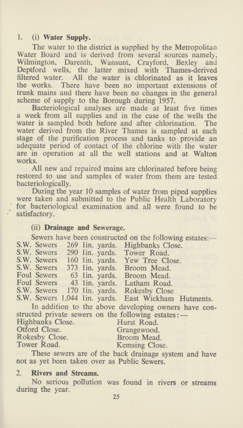 1. (i) Water Supply. The water to the district is supplied by the Metropolitan Water Board and is derived from several sources namely, Wilmington, Darenth, Wansunt, Crayford, Bexley and Deptford wells, the latter mixed with Thames-derived filtered water. All the water is chlorinated as it leaves the works. There have been no important extensions of trunk mains and there have been no changes in the general scheme of supply to the Borough during 1957. Bacteriological analyses are made at least five times a week from all supplies and in the case of the wells the water is sampled both before and after chlorination. The water derived from the River Thames is sampled at each stage of the purification process and tanks to provide an adequate period of contact of the chlorine with the water are in operation at all the well stations and at Walton works. All new and repaired mains are chlorinated before being restored to use and samples of water from them are tested bacteriologically. During the year 10 samples of water from piped supplies were taken and submitted to the Public Health Laboratory for bacteriological examination and all were found to be satisfactory. (ii) Drainage and Sewerage. Sewers have been constructed on the following estates:— S.W. Sewers 269 lin. yards. Highbanks Close. S.W. Sewers 290 lin. yards. Tower Road. S.W. Sewers 160 lin. yards. Yew Tree Close. S.W. Sewers 373 lin. yards. Broom Mead. Foul Sewers 63 lin. yards. Broom Mead. Foul Sewers 43 lin. yards. Latham Road. S.W. Sewers 170 lin. yards. Rokesby Close S.W. Sewers 1,044 lin. yards. East Wickham Hutments. In addition to the above developing owners have con structed private sewers on the following estates:— Highbanks Close. Hurst Road. Otford Close. Grangewood. Rokesby Close. Broom Mead. Tower Road. Kemsing Close. These sewers are of the back drainage system and have not as yet been taken over as Public Sewers. 2. Rivers and Streams. No serious pollution was found in rivers or streams during the year. 25
