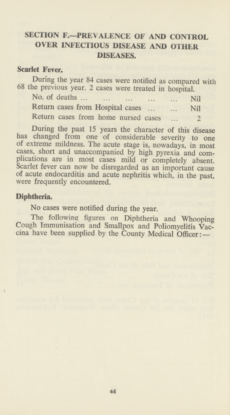 SECTION F.—PREVALENCE OF AND CONTROL OVER INFECTIOUS DISEASE AND OTHER DISEASES. Scarlet Fever. During the year 84 cases were notified as compared with 68 the previous year. 2 cases were treated in hospital. No. of deaths Nil Return cases from Hospital cases Nil Return cases from home nursed cases 2 During the past 15 years the character of this disease has changed from one of considerable severity to one of extreme mildness. The acute stage is, nowadays, in most cases, short and unaccompanied by high pyrexia and com plications are in most cases mild or completely absent. Scarlet fever can now be disregarded as an important cause of acute endocarditis and acute nephritis which, in the past, were frequently encountered. Diphtheria. No cases were notified during the year. The following figures on Diphtheria and Whooping Cough Immunisation and Smallpox and Poliomyelitis Vac cina have been supplied by the County Medical Officer: — 44