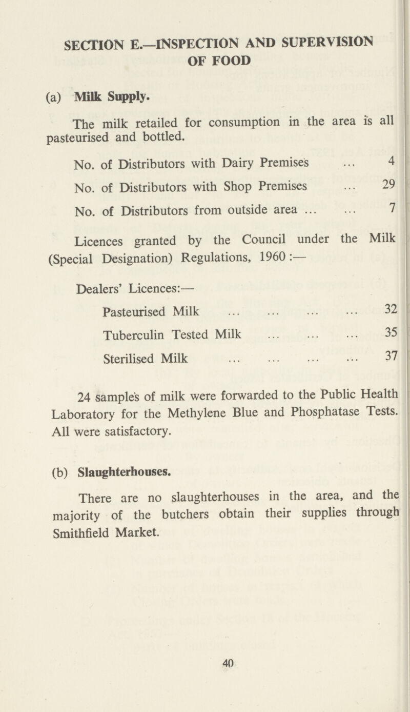 SECTION E.—INSPECTION AND SUPERVISION OF FOOD (a) Milk Supply. The milk retailed for consumption in the area is all pasteurised and bottled. No. of Distributors with Dairy Premises 4 No. of Distributors with Shop Premises 29 No. of Distributors from outside area 7 Licences granted by the Council under the Milk (Special Designation) Regulations, 1960 Dealers' Licences:— Pasteurised Milk 32 Tuberculin Tested Milk 35 Sterilised Milk 37 24 sample's of milk were forwarded to the Public Health Laboratory for the Methylene Blue and Phosphatase Tests. All were satisfactory. (b) Slaughterhouses. There are no slaughterhouses in the area, and the majority of the butchers obtain their supplies through Smithfield Market. 40