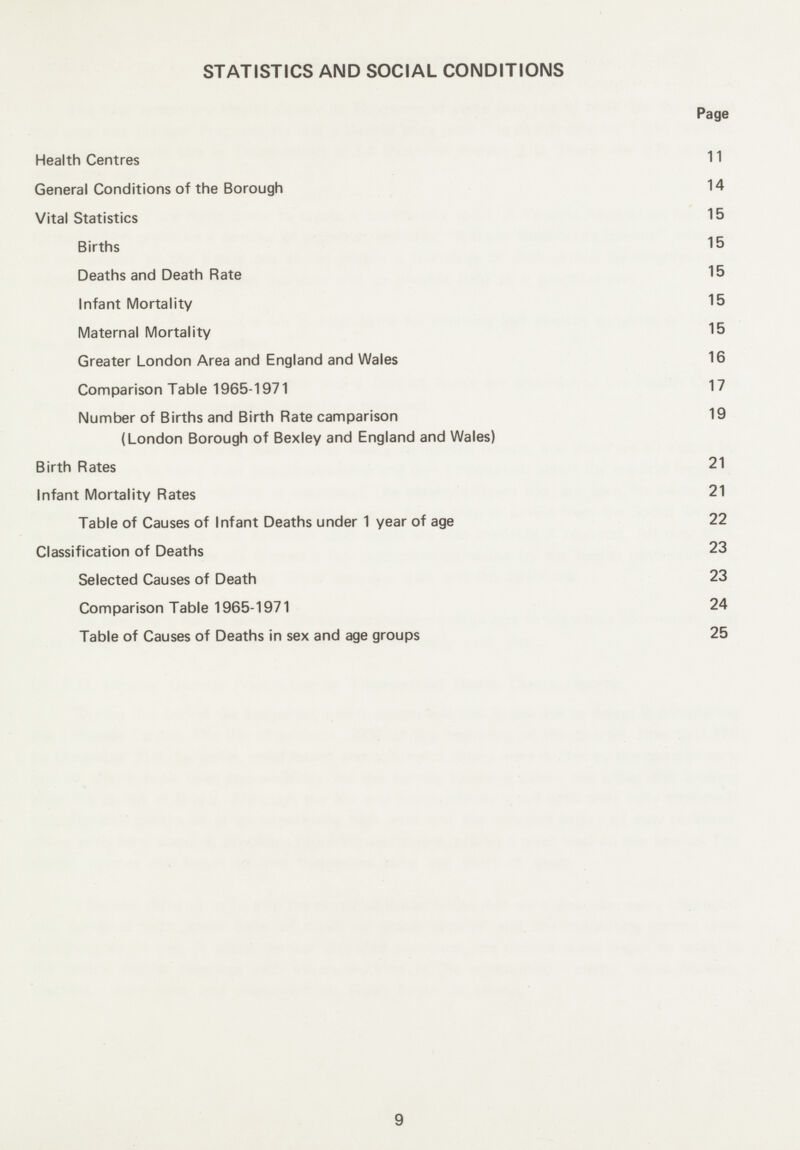 STATISTICS AND SOCIAL CONDITIONS Page Health Centres 11 General Conditions of the Borough 14 Vital Statistics 15 Births 15 Deaths and Death Rate 15 Infant Mortality 15 Maternal Mortality 15 Greater London Area and England and Wales 16 Comparison Table 1965-1971 17 Number of Births and Birth Rate camparison 19 (London Borough of Bexley and England and Wales) Birth Rates 21 Infant Mortality Rates 21 Table of Causes of Infant Deaths under 1 year of age 22 Classification of Deaths 23 Selected Causes of Death 23 Comparison Table 1965-1971 24 Table of Causes of Deaths in sex and age groups 25 9