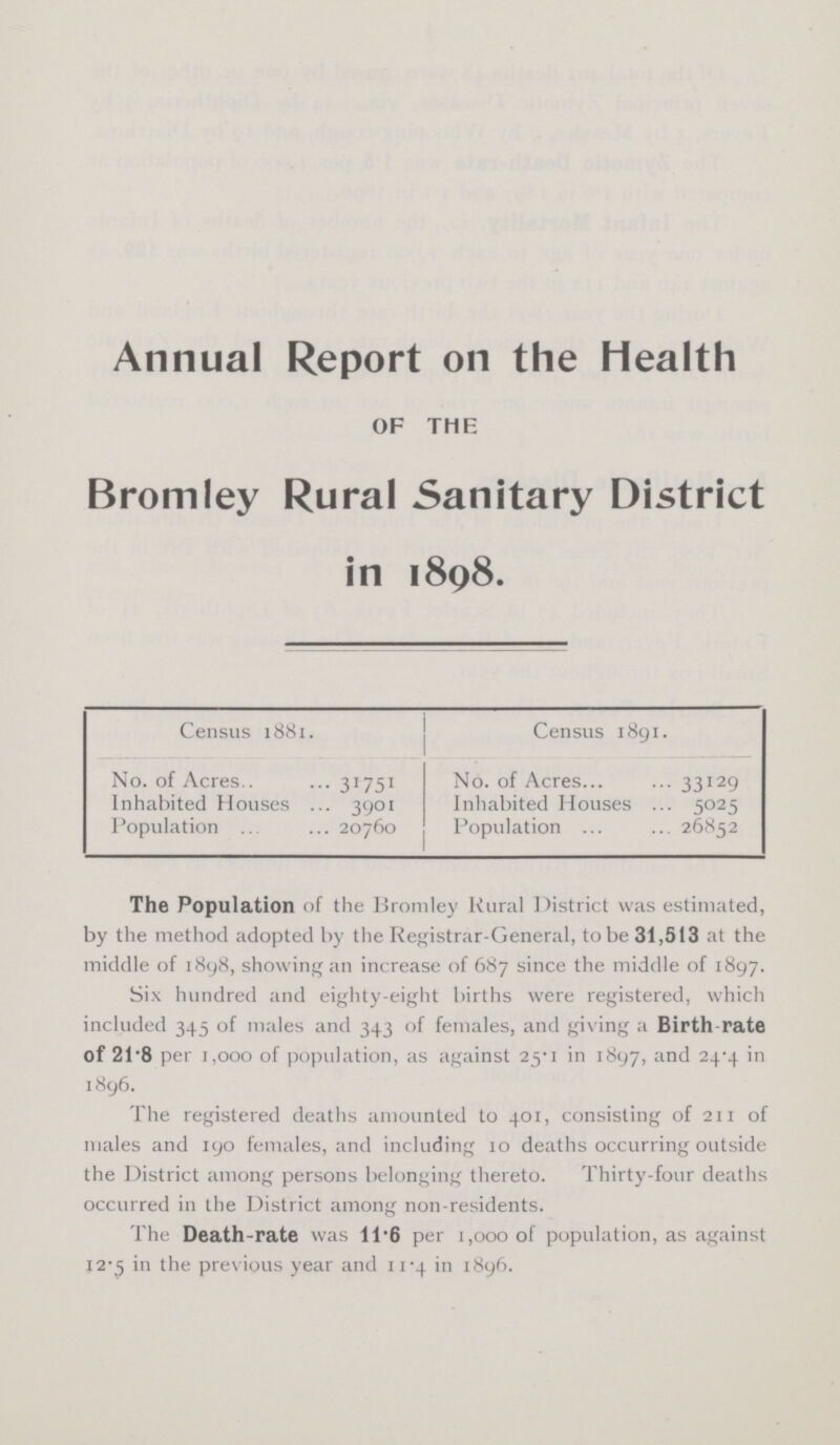 Annual Report on the Health OF THE Bromley Rural Sanitary District in 1898. Census 1881. No. of Acres 31751 Inhabited Houses 3901 Population 20760 Census 1891. No. of Acres 33129 Inhabited Houses 5025 Population 26852 The Population of the Bromley Rural District was estimated, by the method adopted by the Registrar-General, to be 31,513 at the middle of 1898, showing an increase of 687 since the middle of 1897. Six hundred and eighty-eight births were registered, which included 345 of males and 343 of females, and giving a Birth-rate of 21.8 per 1,000 of population, as against 25.1 in 1897, and 24.4 in 1896. The registered deaths amounted to 401, consisting of 211 of males and 190 females, and including 10 deaths occurring outside the District among persons belonging thereto. Thirty-four deaths occurred in the District among non-residents. The Death-rate was 11.6 per 1,000 of population, as against 12.5 in the previous year and 11.4 in 1896.