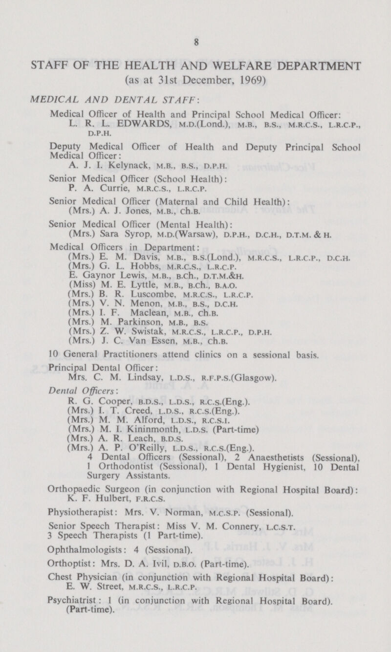 8 STAFF OF THE HEALTH AND WELFARE DEPARTMENT (as at 31st December, 1969) MEDICAL AND DENTAL STAFF: Medical Officer of Health and Principal School Medical Officer: L. R. L. EDWARDS, M.D.(Lond.), m.b., b.s., m.r.c.s., l.r.c.p., d.p.h. Deputy Medical Officer of Health and Deputy Principal School Medical Officer: A. J. I. Kelynack, m.b.. b.s., d.p.h. Senior Medical Officer (School Health): P. A. Currie, m.r.c.s., l.r.c.p. Senior Medical Officer (Maternal and Child Health): (Mrs.) A. J. Jones, m.b., ch.b. Senior Medical Officer (Mental Health): (Mrs.) Sara Syrop, m.d.(Warsaw), d.p.h., d.c.h., d.t.m. & h. Medical Officers in Department: (Mrs.) E. M. Davis, m.b., b.s.(Lond.), m.r.c.S., l.r.c.p., d.c.h. (Mrs.) G. L. Hobbs, m.r.c.S., l.r.c.p. E. Gaynor Lewis, m.b., b.ch., d.t.m.&h. (Miss) M. E. Lyttle, m.b., b.ch., b.a.o. (Mrs.) B. R. Luscombe, m.r.c.S., l.r.c.p. (Mrs.) V. N. Menon, m.b., b.s., d.c.h. (Mrs.) I. F. Maclean, m.b., ch.b. (Mrs.) M. Parkinson, m.b., b.s. (Mrs.) Z. W. Swistak, m.r.c.S., l.r.c.p., d.p.h. (Mrs.) J. C. Van Essen, m.b., ch.b. 10 General Practitioners attend clinics on a sessional basis. Principal Dental Officer: Mrs. C. M. Lindsay, l.d.s., r.f.p.s.(Glasgow). Denial Officers: R. G. Cooper, b.d.s., l.d.s., r.c.s.(Eng-). (Mrs.) I. T. Creed, l.d.s., r.c.s.(Eng.). (Mrs.) M. M. Alford, l.d.s., r.c.s.i. (Mrs.) M. I. Kininmonth, l.d.s. (Part-time) (Mrs.) A. R. Leach, b.d.s. (Mrs.) A. P. O'Reilly, l.d.s., r.c.s.(Eng.). 4 Dental Officers (Sessional), 2 Anaesthetists (Sessional), 1 Orthodontist (Sessional), 1 Dental Hygienist, 10 Dental Surgery Assistants. Orthopaedic Surgeon (in conjunction with Regional Hospital Board): K. F. Hulbert, f.r.C.s. Physiotherapist: Mrs. V. Norman, m.c.s.p. (Sessional). Senior Speech Therapist: Miss V. M. Connery, l.C.S.t. 3 Speech Therapists (1 Part-time). Ophthalmologists: 4 (Sessional). Orthoptist: Mrs. D. A. Ivil, d.b.o. (Part-time). Chest Physician (in conjunction with Regional Hospital Board): E. W. Street, m.r.c.S., l.r.c.p. Psychiatrist : 1 (in conjunction with Regional Hospital Board). (Part-time).