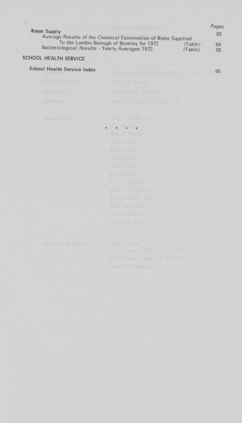 Pages Water Supply 83 Average Results of the Chemical Examination of Water Supplied To the London Borough of Bromley for 1972 (Table) 84 Bacteriological Results - Yearly Averages 1972 (Table) 85 SCHOOL HEALTH SERVICE School Health Service Index 86