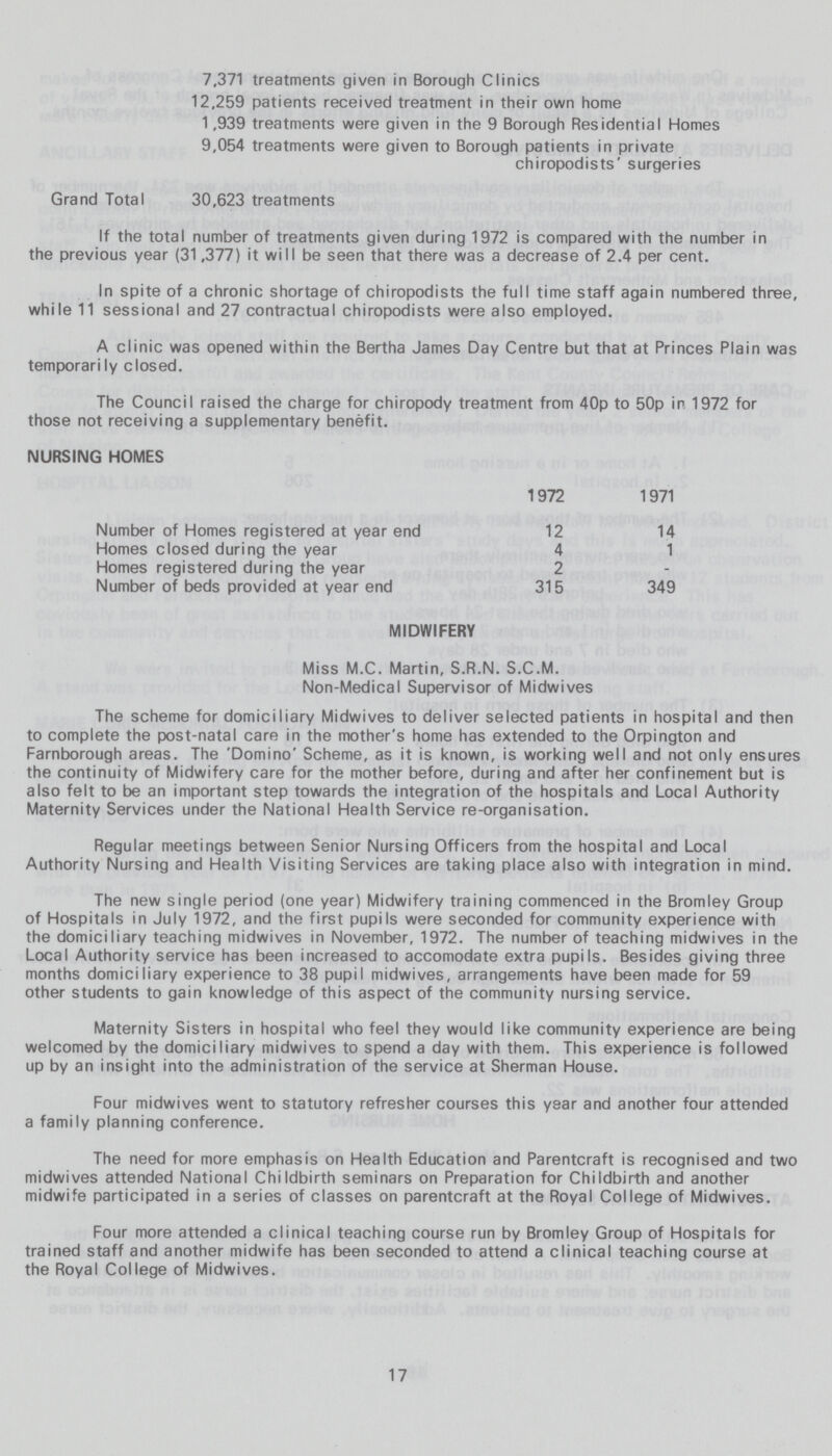 17 7,371 treatments given in Borough Clinics 12,259 patients received treatment in their own home 1,939 treatments were given in the 9 Borough Residential Homes 9,054 treatments were given to Borough patients in private chiropodists' surgeries Grand Total 30,623 treatments If the total number of treatments given during 1972 is compared with the number in the previous year (31,377) it will be seen that there was a decrease of 2.4 per cent. In spite of a chronic shortage of chiropodists the full time staff again numbered three, while 11 sessional and 27 contractual chiropodists were also employed. A clinic was opened within the Bertha James Day Centre but that at Princes Plain was temporarily closed. The Council raised the charge for chiropody treatment from 40p to 50p in 1972 for those not receiving a supplementary benefit. NURSING HOMES 1972 1971 Number of Homes registered at year end 12 14 Homes closed during the year 4 1 Homes registered during the year 2 Number of beds provided at year end 315 349 MIDWIFERY Miss M.C. Martin, S.R.N. S.C.M. Non-Medical Supervisor of Midwives The scheme for domiciliary Midwives to deliver selected patients in hospital and then to complete the post-natal care in the mother's home has extended to the Orpington and Farnborough areas. The 'Domino' Scheme, as it is known, is working well and not only ensures the continuity of Midwifery care for the mother before, during and after her confinement but is also felt to be an important step towards the integration of the hospitals and Local Authority Maternity Services under the National Health Service re-organisation. Regular meetings between Senior Nursing Officers from the hospital and Local Authority Nursing and Health Visiting Services are taking place also with integration in mind. The new single period (one year) Midwifery training commenced in the Bromley Group of Hospitals in July 1972, and the first pupils were seconded for community experience with the domiciliary teaching midwives in November, 1972. The number of teaching midwives in the Local Authority service has been increased to accomodate extra pupils. Besides giving three months domiciliary experience to 38 pupil midwives, arrangements have been made for 59 other students to gain knowledge of this aspect of the community nursing service. Maternity Sisters in hospital who feel they would like community experience are being welcomed by the domiciliary midwives to spend a day with them. This experience is followed up by an insight into the administration of the service at Sherman House. Four midwives went to statutory refresher courses this year and another four attended a family planning conference. The need for more emphasis on Health Education and Parentcraft is recognised and two midwives attended National Childbirth seminars on Preparation for Childbirth and another midwife participated in a series of classes on parentcraft at the Royal College of Midwives. Four more attended a clinical teaching course run by Bromley Group of Hospitals for trained staff and another midwife has been seconded to attend a clinical teaching course at the Royal College of Midwives.