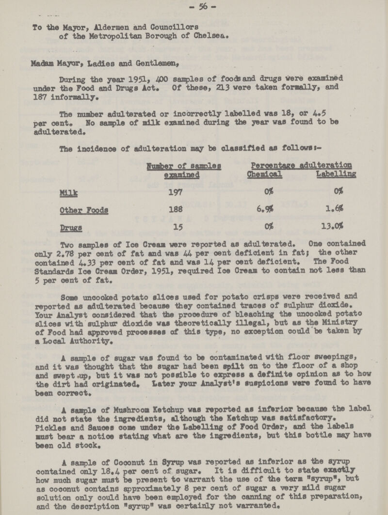 56 To the Mayor? Aldermen and Councillors of the Metropolitan Borough of Chelsea. Madam Mayor, Ladies and Gentlemen, During the year 1951, 400 samples of foods and drugs vere examined under the Food and Drugs Act. Of these, 213 were taken formally, and 187 informally. The number adulterated or incorrectly labelled vas 18, or 4.5 per cent. Ho sample of milk examined during the year was found to be adulterated. The incidence of adulteration may be classified as follows:– Number of samples examined Peroentage adulteration Chemical Labelling Milk 197 0% 0% Other Foods 188 6.9% 1.6% Drugs 15 0% 13.0% Two samples of Ice Cream vere reported as adulterated. One contained only 2.78 per cent of fat and vas 44 per cent deficient in fat; the other contained 4.33 per oent of fat and was 14 per oent deficient. The Food Standards Ice Cream Order, 1951, required Ice Cream to contain not less than 5 per oent of fat. Some uncooked potato slices used for potato crisps were received and reported as adulterated because they contained traces of sulphur dioxide. Tour Analyst considered that -the prooedure of bleaching the unoooked potato slices with sulphur dioxide was theoretically illegal, but as the Ministry of Food had approved prooesses of this type, no exoeption could be taken by a Local Authority. A sample of sugar was found to be contaminated with floor sweepings, and it vas thought that the sugar had been spilt on to the floor of a shop and svept .up, but it was not possible to express a definite opinion as to hov the dirt had originated. Later your Analyst's suspicions vere found to have been correot. A sample of Mushroom Ketohup vas reported as inferior because the label did not state the ingredients, although the Ketchup vas satisfactory. Pickles and Sauoes oome under the Labelling of Food Order, and the labels must bear a notioe stating vhat are the ingredients, but this bottle may have been old stock. A sample of Cooonut in Syrup vas reported as inferior as the syrup contained only 18.4 per oent of sugar. It is difficult to state exactly hov much sugar must be present to varrant the use of the term syrup'', but as coconut oontains approximately 8 per cent of sugar a very mild sugar solution only could have been employed for the canning of this preparation, and the description syrup vas certainly not varranted.