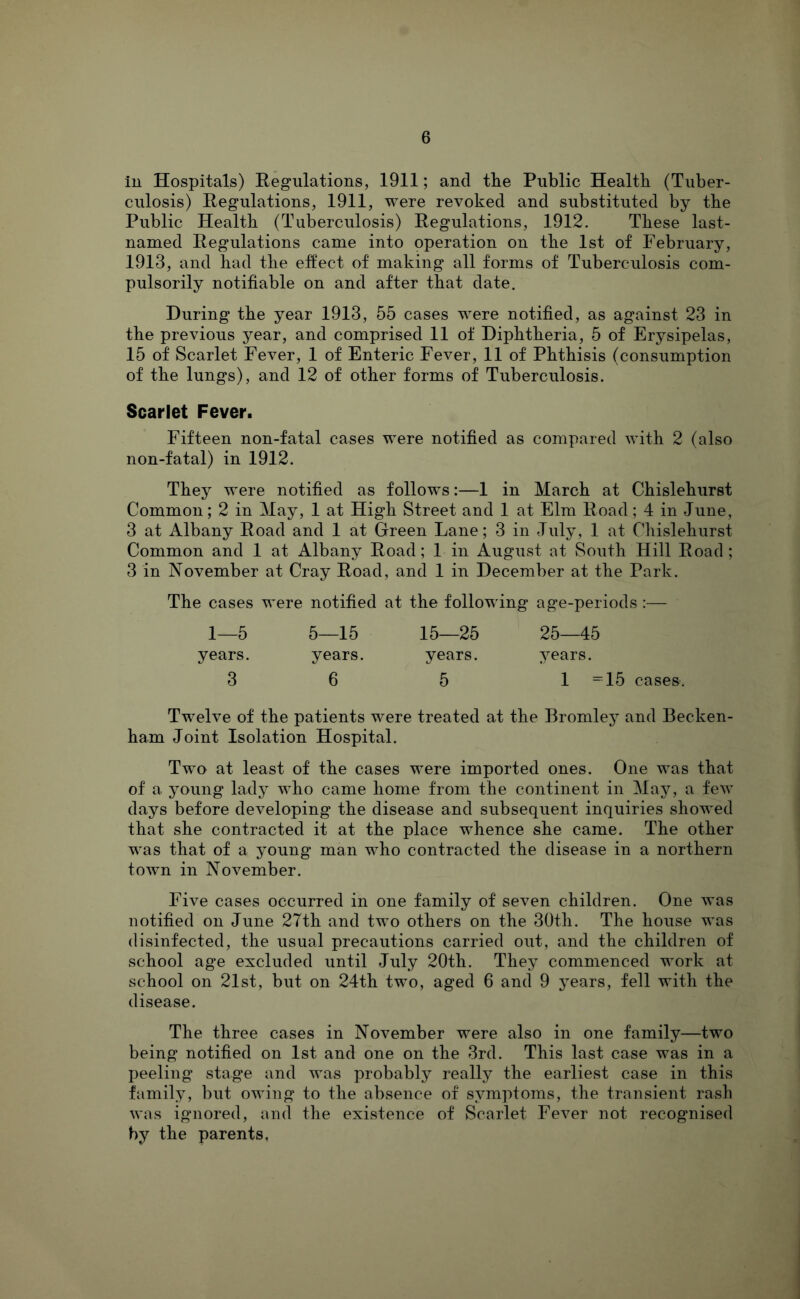 in Hospitals) Regulations, 1911; and the Public Health (Tuber- culosis) Regulations, 1911, were revoked and substituted by the Public Health (Tuberculosis) Regulations, 1912. These last- named Regulations came into operation on the 1st of February, 1913, and had the effect of making all forms of Tuberculosis com- pulsorily notifiable on and after that date. During the year 1913, 55 cases were notified, as against 23 in the previous year, and comprised 11 of Diphtheria, 5 of Erysipelas, 15 of Scarlet Fever, 1 of Enteric Fever, 11 of Phthisis (consumption of the lungs), and 12 of other forms of Tuberculosis. Scarlet Fever. Fifteen non-fatal cases were notified as compared with 2 (also non-fatal) in 1912. They were notified as follows:—1 in March at Chislehurst Common; 2 in May, 1 at High Street and 1 at Elm Road; 4 in June, 3 at Albany Road and 1 at Green Lane; 3 in July, 1 at Chislehurst Common and 1 at Albany Road; 1 in August at South Hill Road; 3 in November at Cray Road, and 1 in December at the Park. The cases were notified at the following age-periods :— 1—5 5—15 15—25 25—45 years. years. years. years. 3 6 5 1 =15 cases. Twelve of the patients were treated at the Bromley and Becken- ham Joint Isolation Hospital. Two at least of the cases were imported ones. One was that of a young lady who came home from the continent in May, a few days before developing the disease and subsequent inquiries showed that she contracted it at the place whence she came. The other was that of a young man who contracted the disease in a northern town in November. Five cases occurred in one family of seven children. One was notified on June 27th and two others on the 30th. The house was disinfected, the usual precautions carried out, and the children of school age excluded until July 20th. They commenced work at school on 21st, but on 24th two, aged 6 and 9 years, fell with the disease. The three cases in November were also in one family—two being notified on 1st and one on the 3rd. This last case was in a peeling stage and Avas probably really the earliest case in this family, but owing to the absence of symptoms, the transient rash was ignored, and the existence of Scarlet Fever not recognised by the parents,